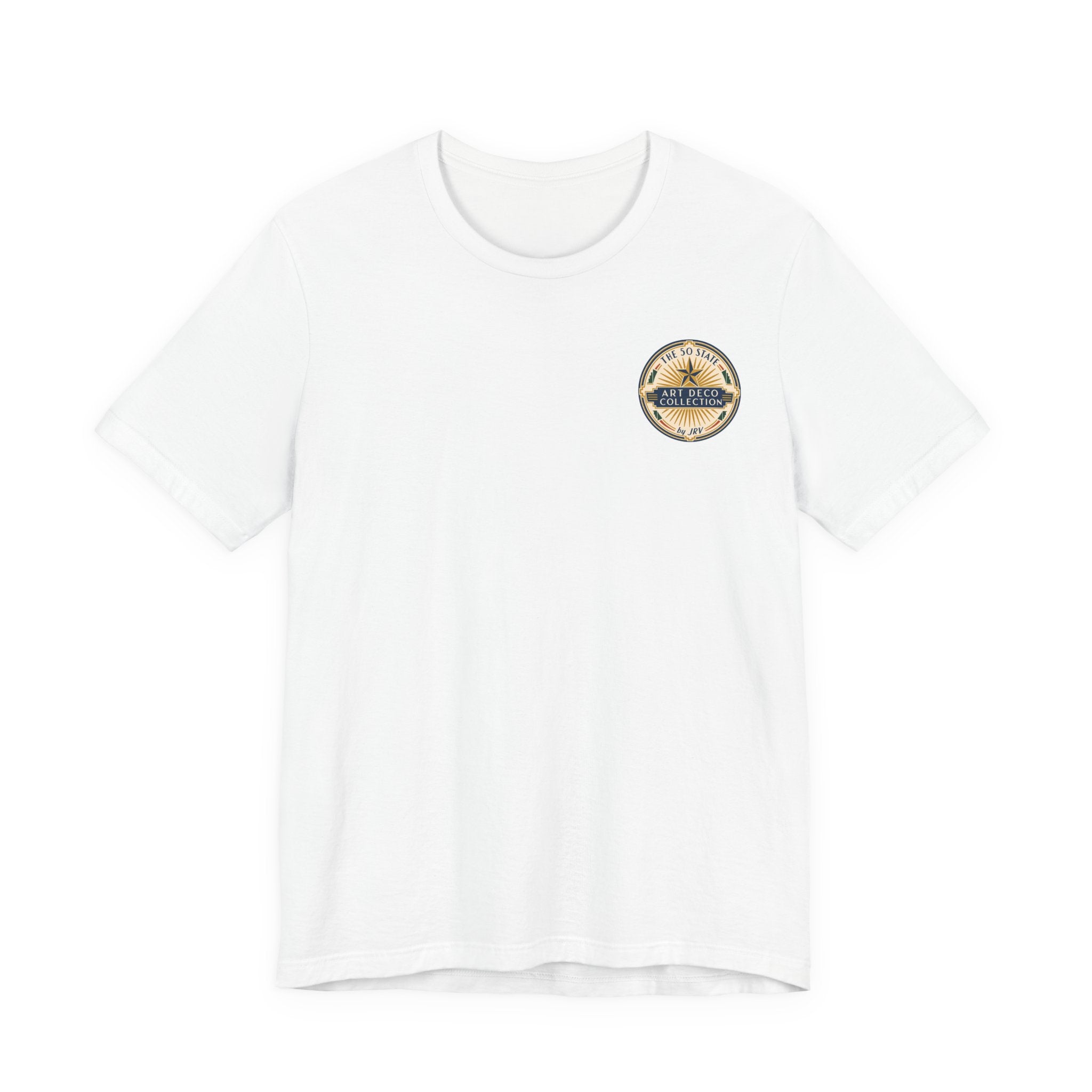 White T-shirt with small circular badge on left chest