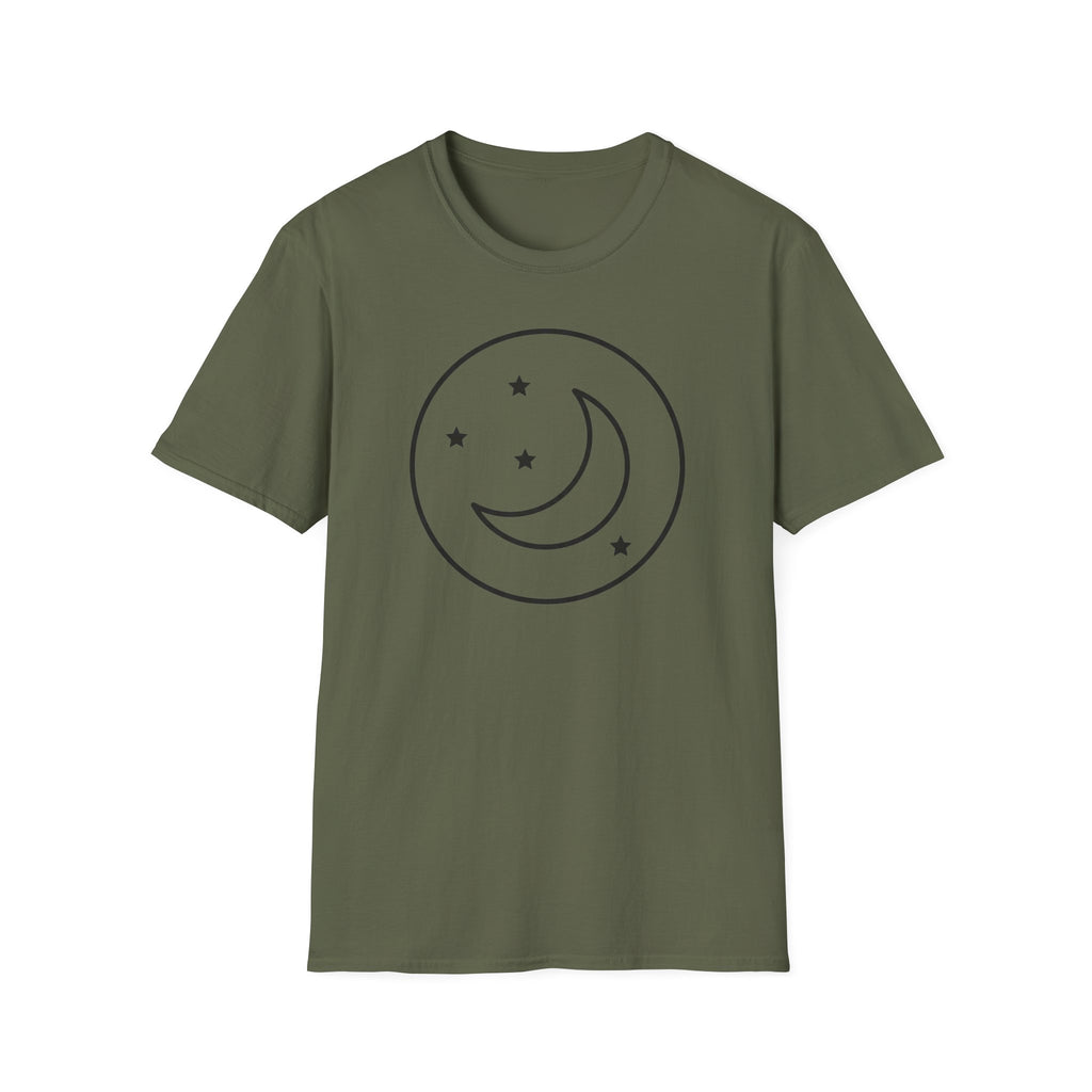 Military green unisex T-shirt with dark crescent moon and stars in circular outline