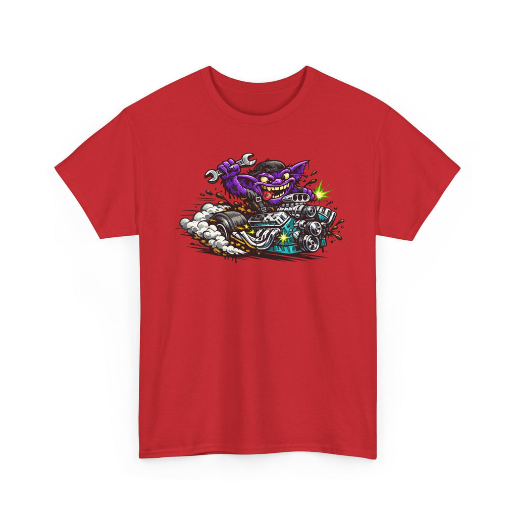Purple Grinning Cat Biker Tee | Retro Cartoon Motorcycle Graphic T-Shirt, Unisex Streetwear Gift