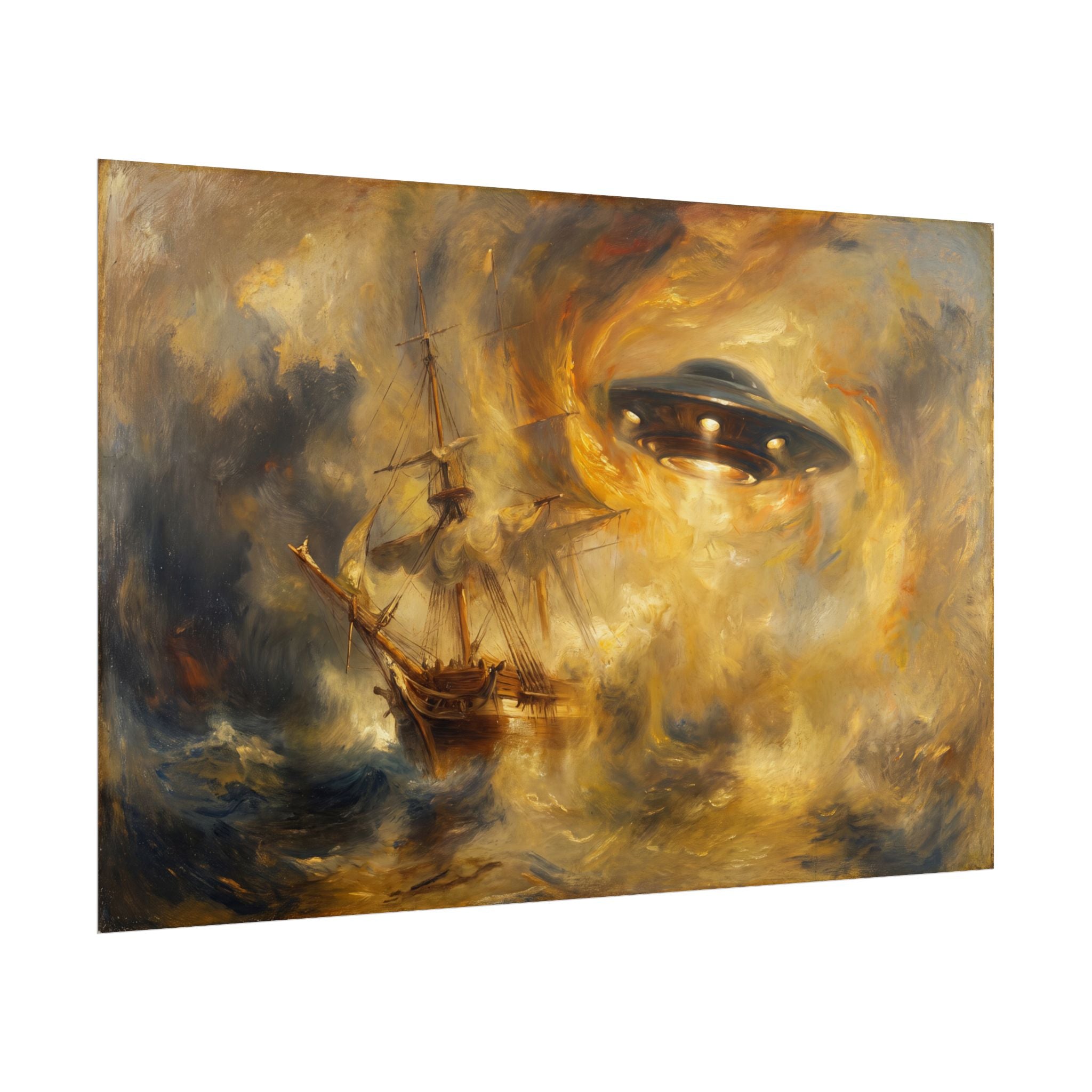 UFO shipwreck poster, wide view of glowing eye with sailing ship in smoke