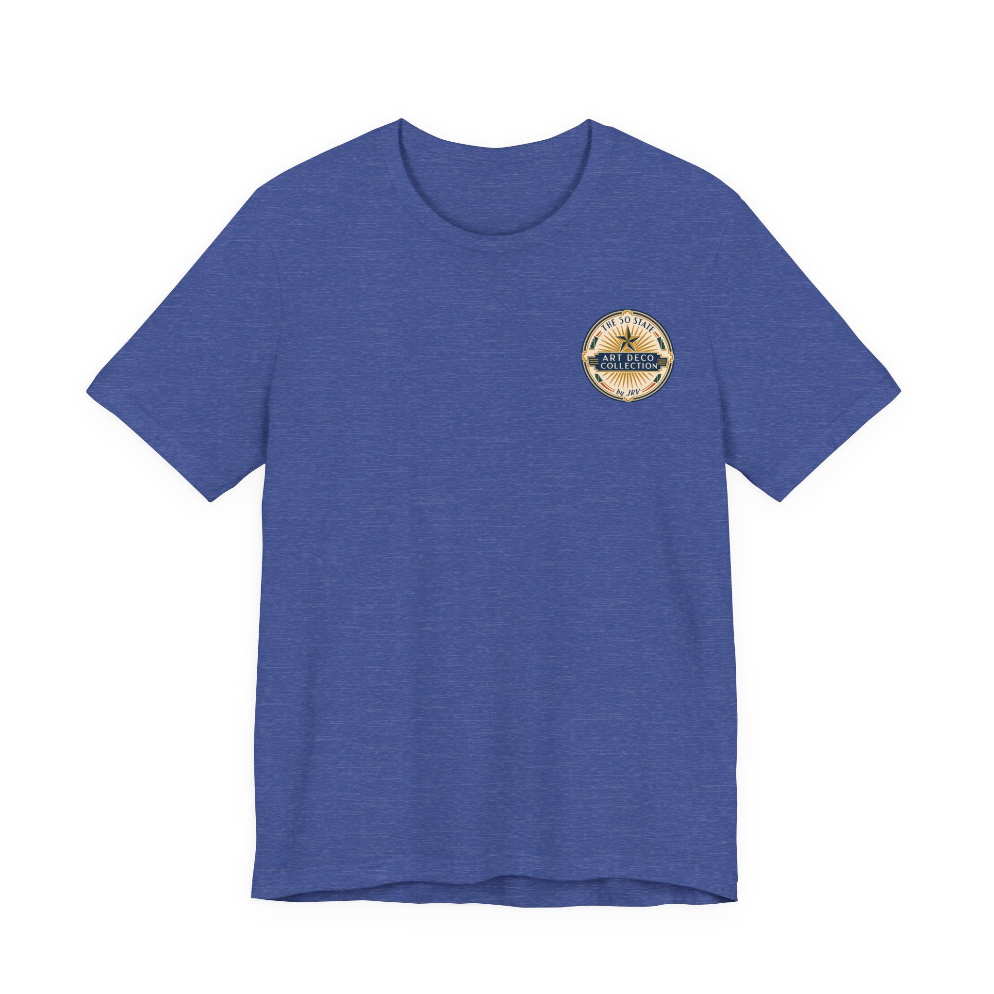 Blue short-sleeve T-shirt with small circular chest logo.