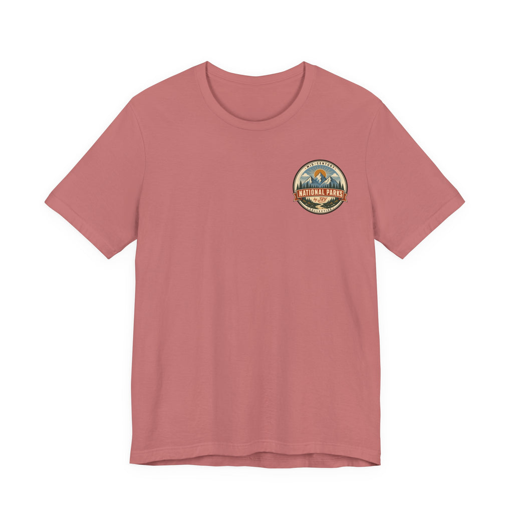 Rose crew-neck T-shirt with small circular vintage park graphic on left chest