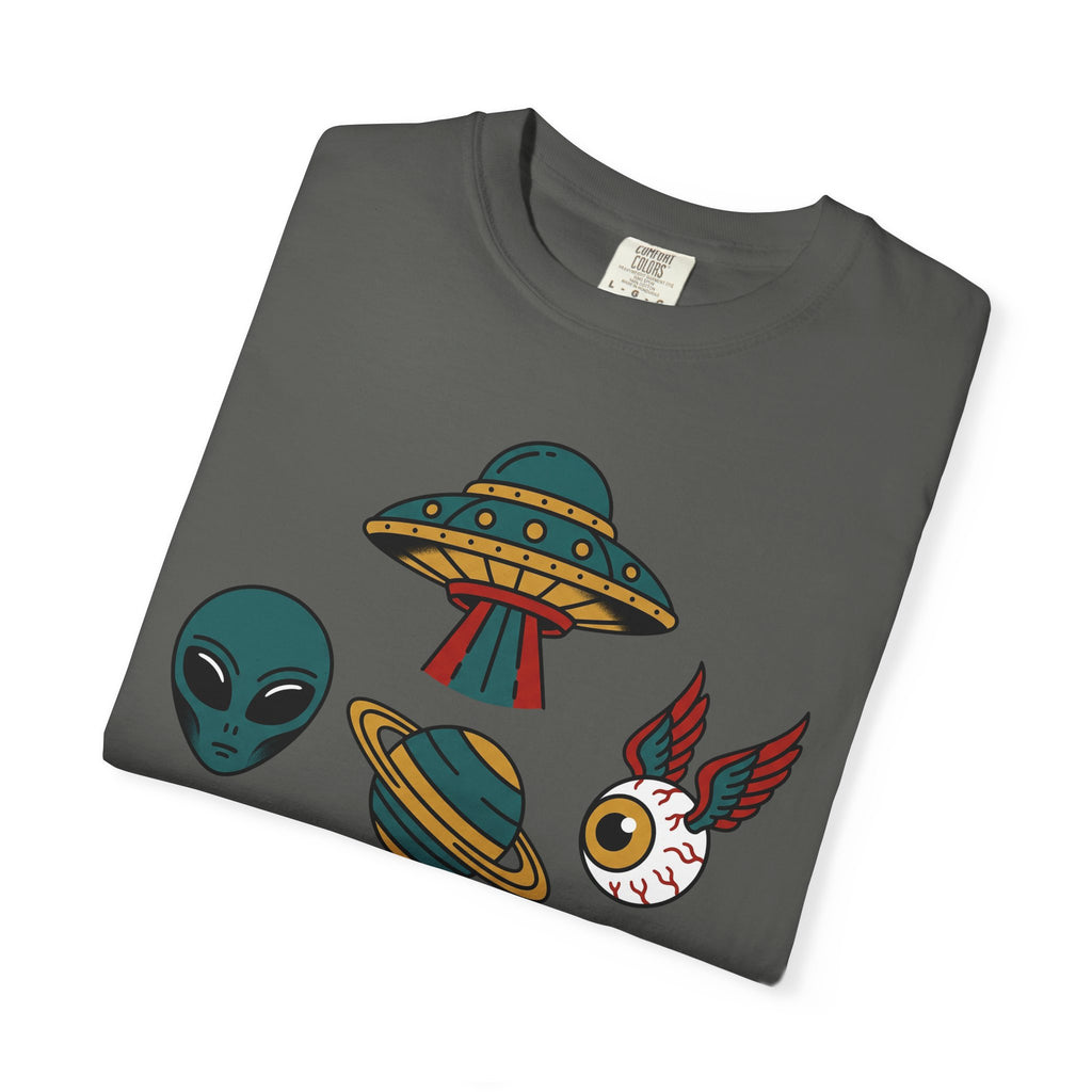 Dark gray T-shirt with alien, UFO, and cat graphic printed across front