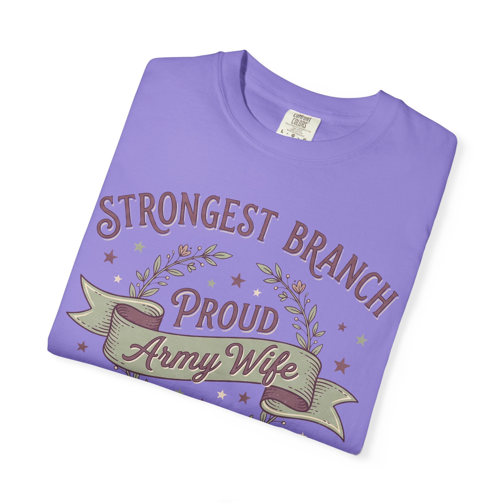 Purple T-shirt folded front with Strongest Branch and Army Wife print