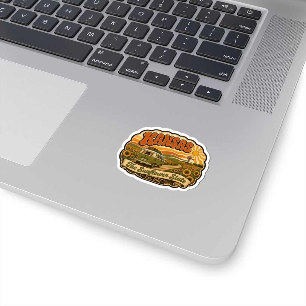 Kansas retro sunflower sticker decal with orange van and badge outline