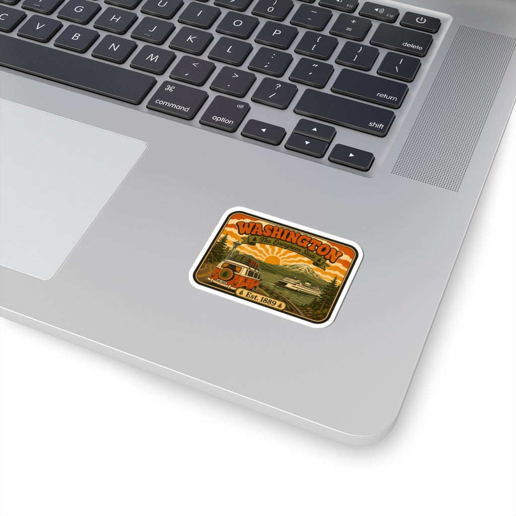 Washington vintage road trip sticker with evergreen trees and sunset, kiss-cut on laptop