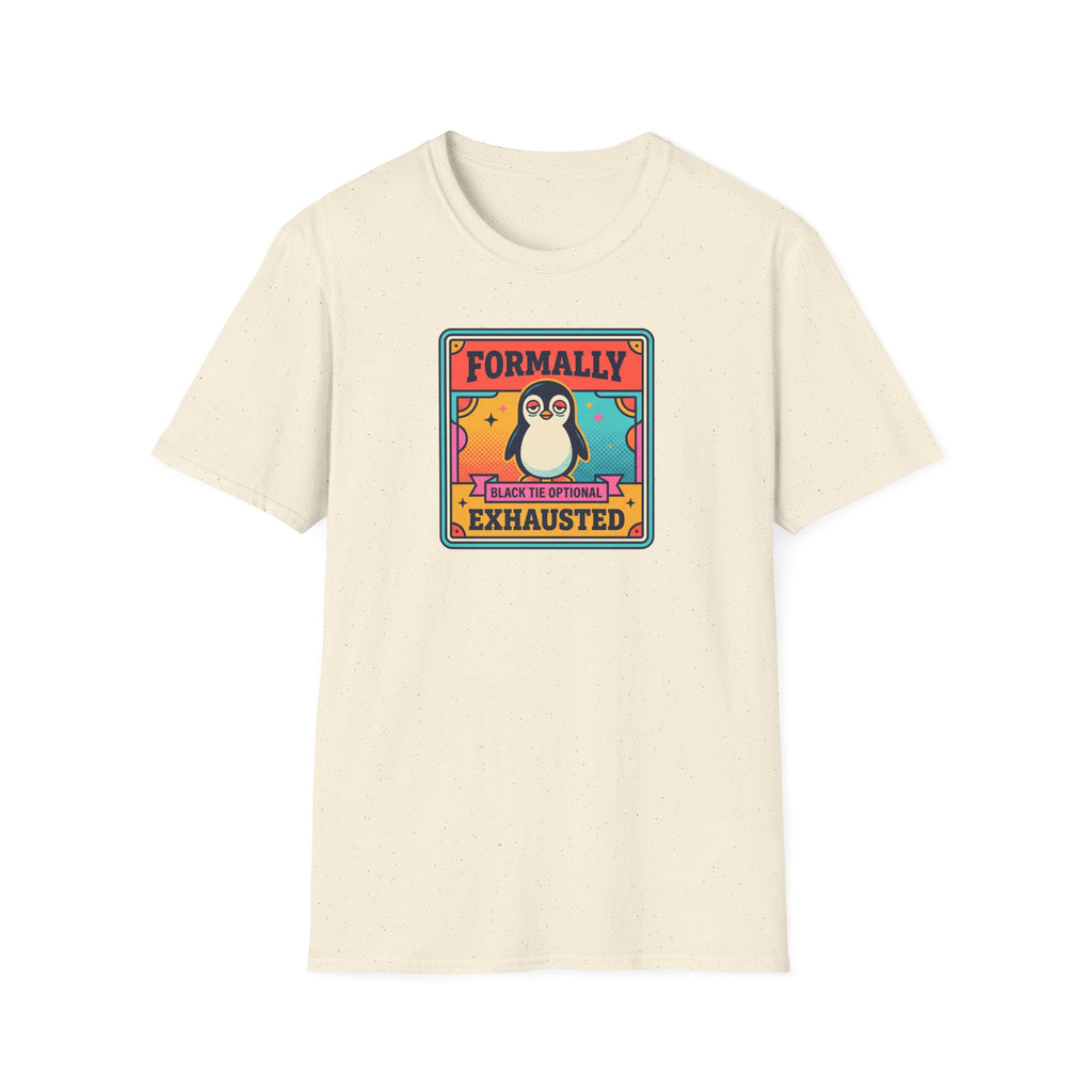 Funny Penguin T-Shirt | Formally Exhausted Black Tie Optional Retro Graphic Tee | Penguin Gift