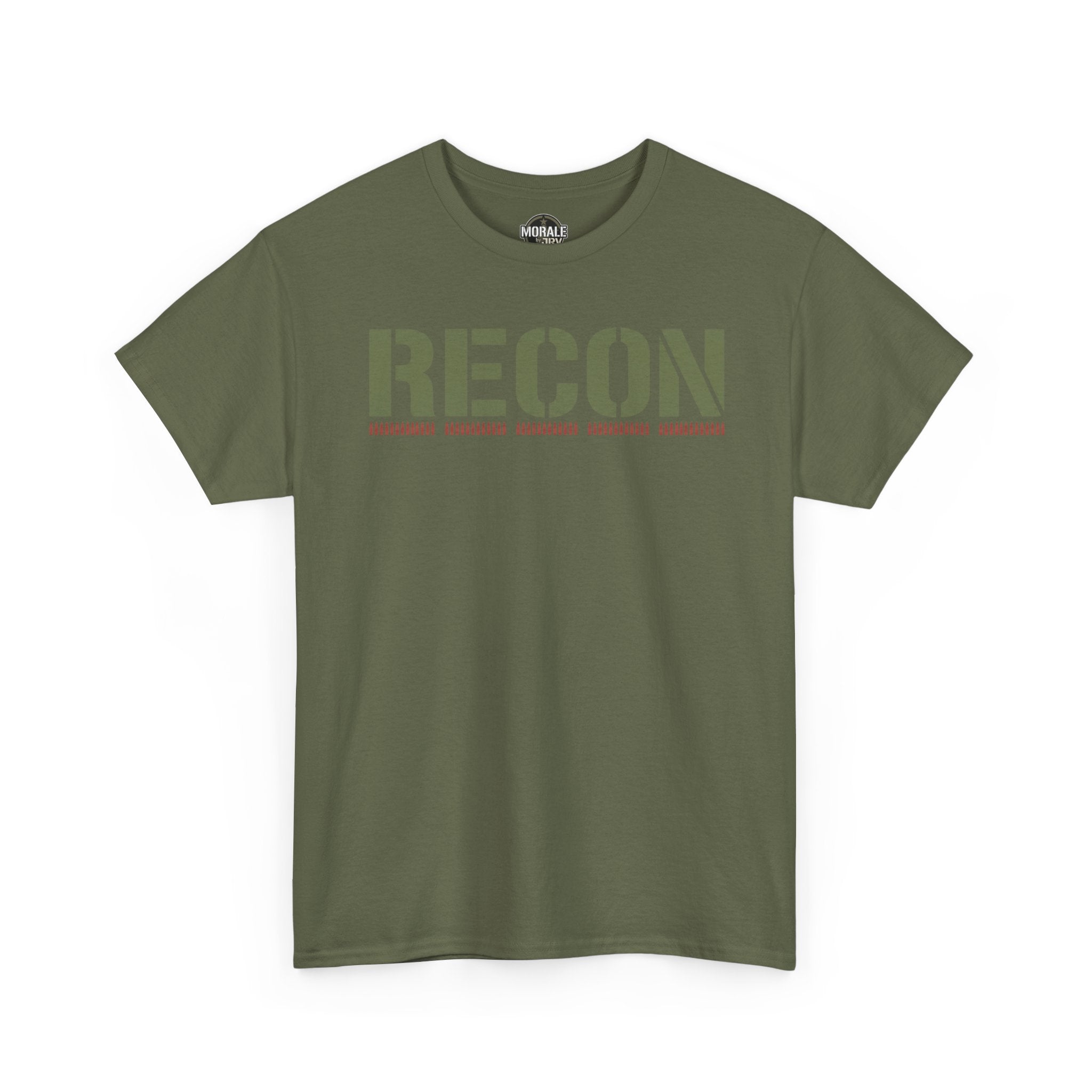 Stencil text T-shirt in military green with large RECON graphic and red line detail