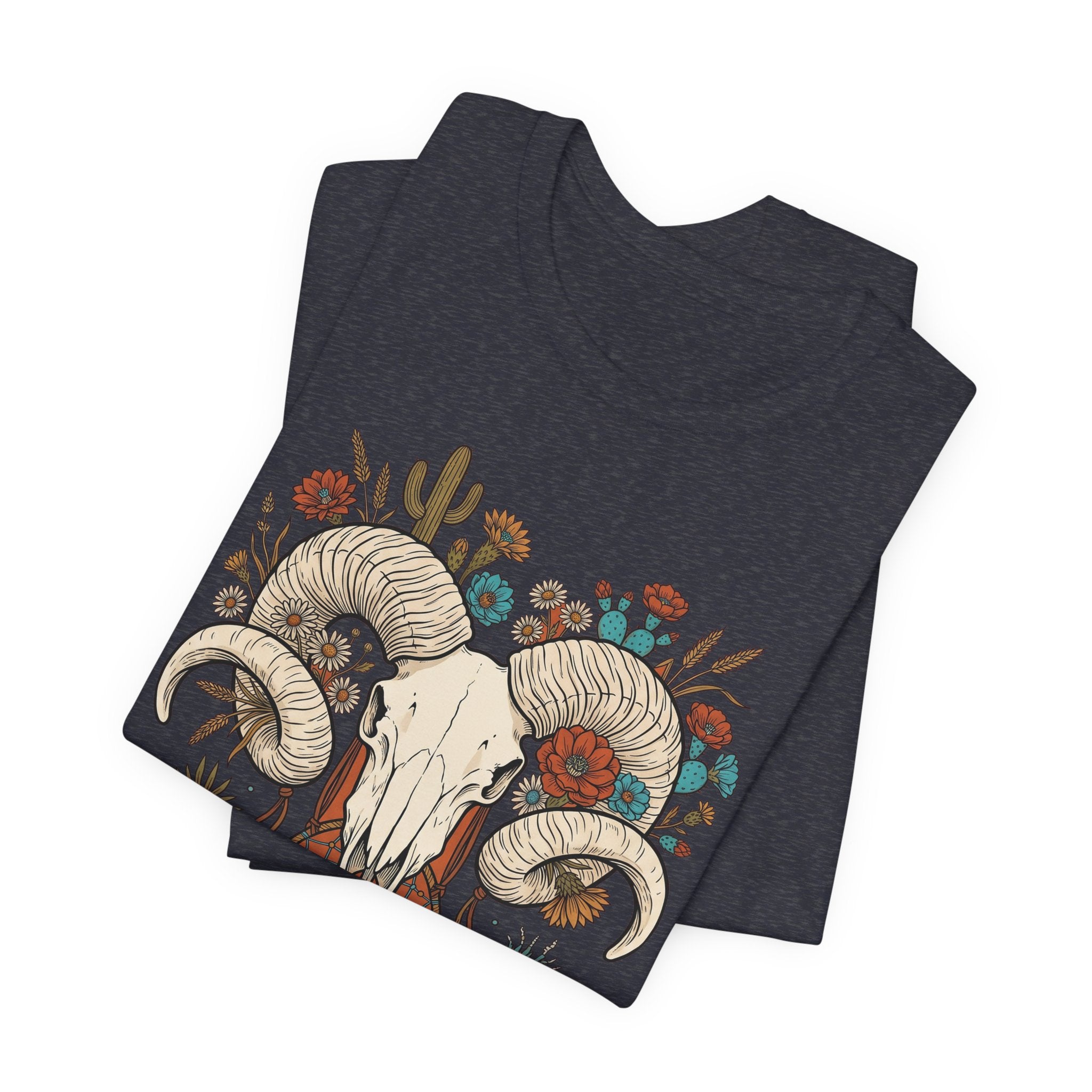 Heather Navy T-Shirt mit Widderkopf, Hörnern und Blumen-Feder-Design auf der Vorderseite