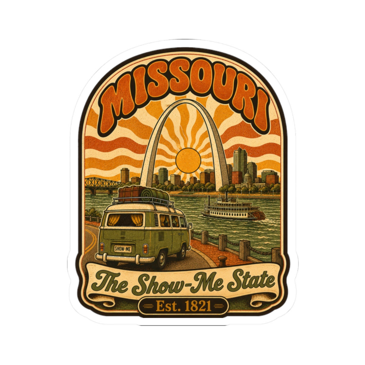 Missouri retro sticker featuring bus and riverboat scene with “Est. 1821” at the bottom