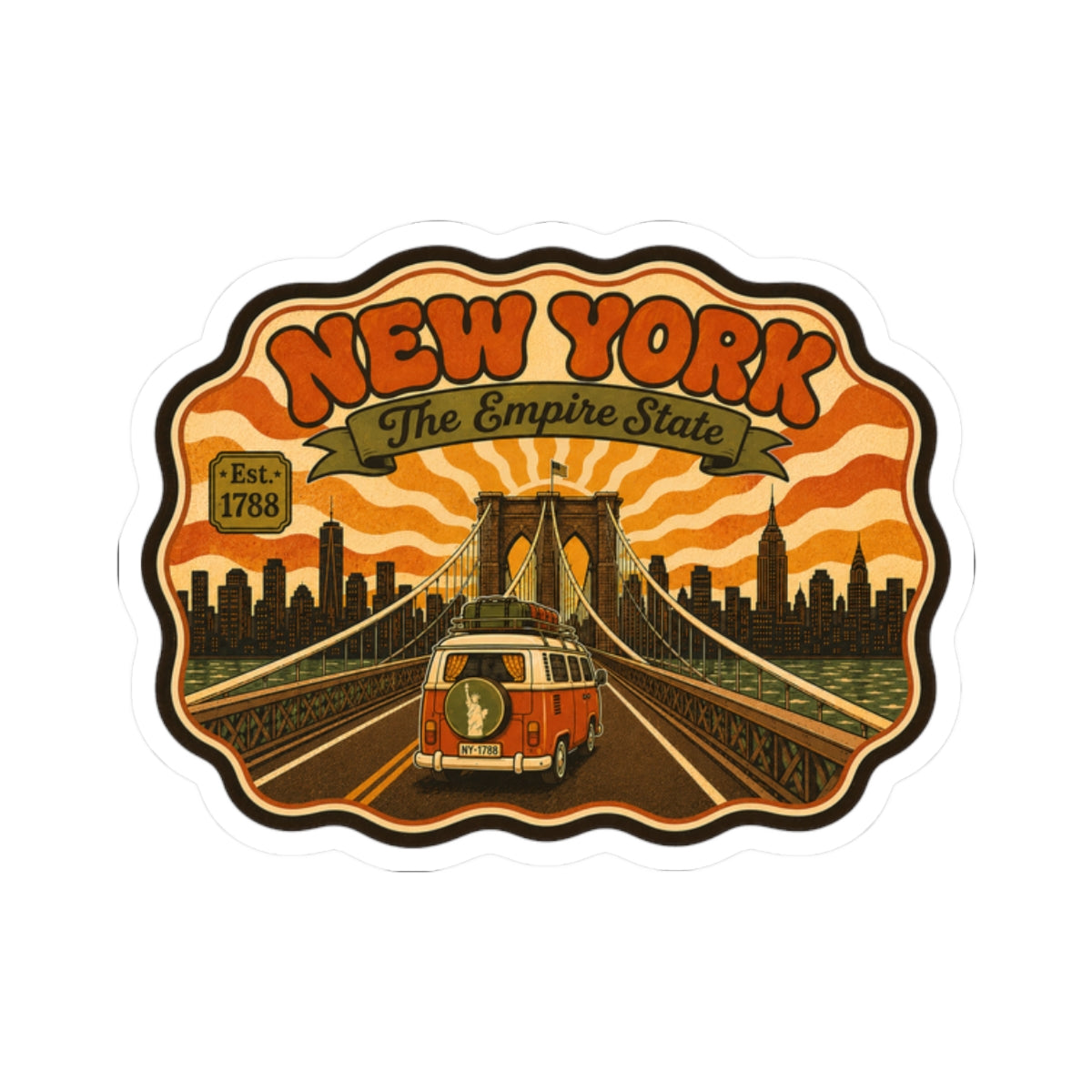 Kiss-cut vinyl sticker with 'NEW YORK' headline, bridge skyline, and red vintage van at center.