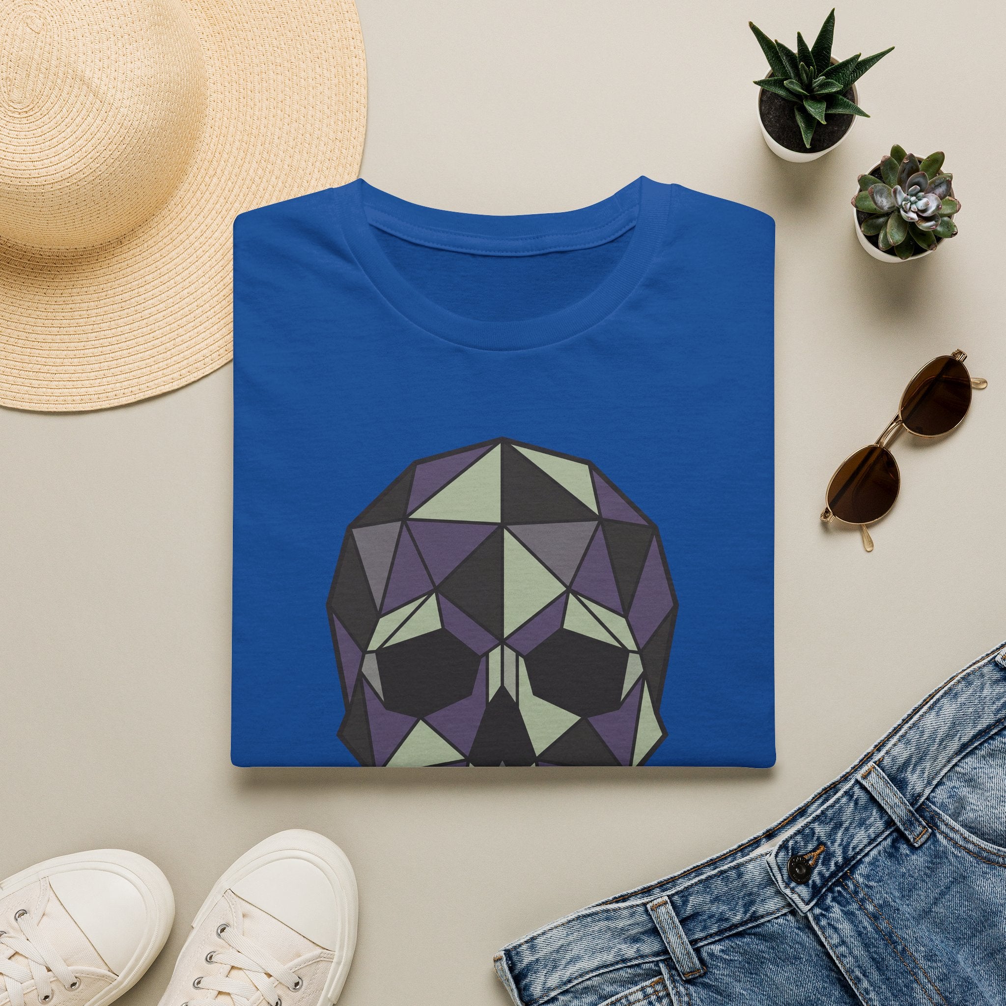 Royal blue skull graphic T-shirt with low-poly geometric face design