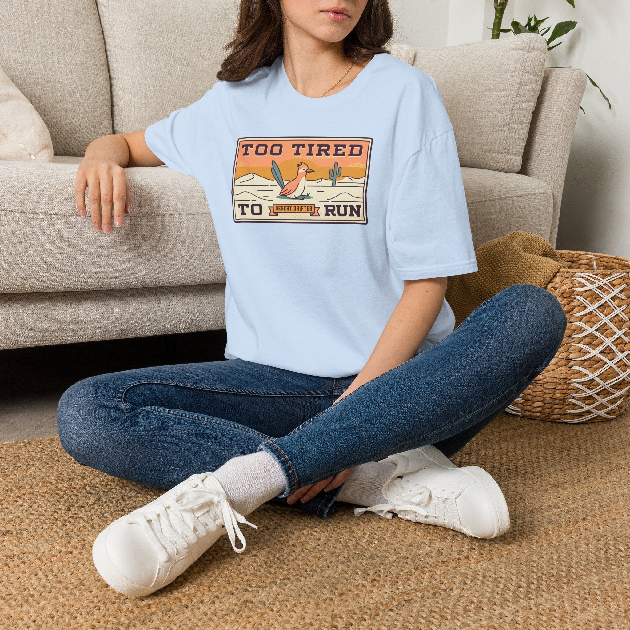 Funny Roadrunner T-Shirt | Too Tired Too Run Desert Drifter Retro Graphic Tee | Runner Gift