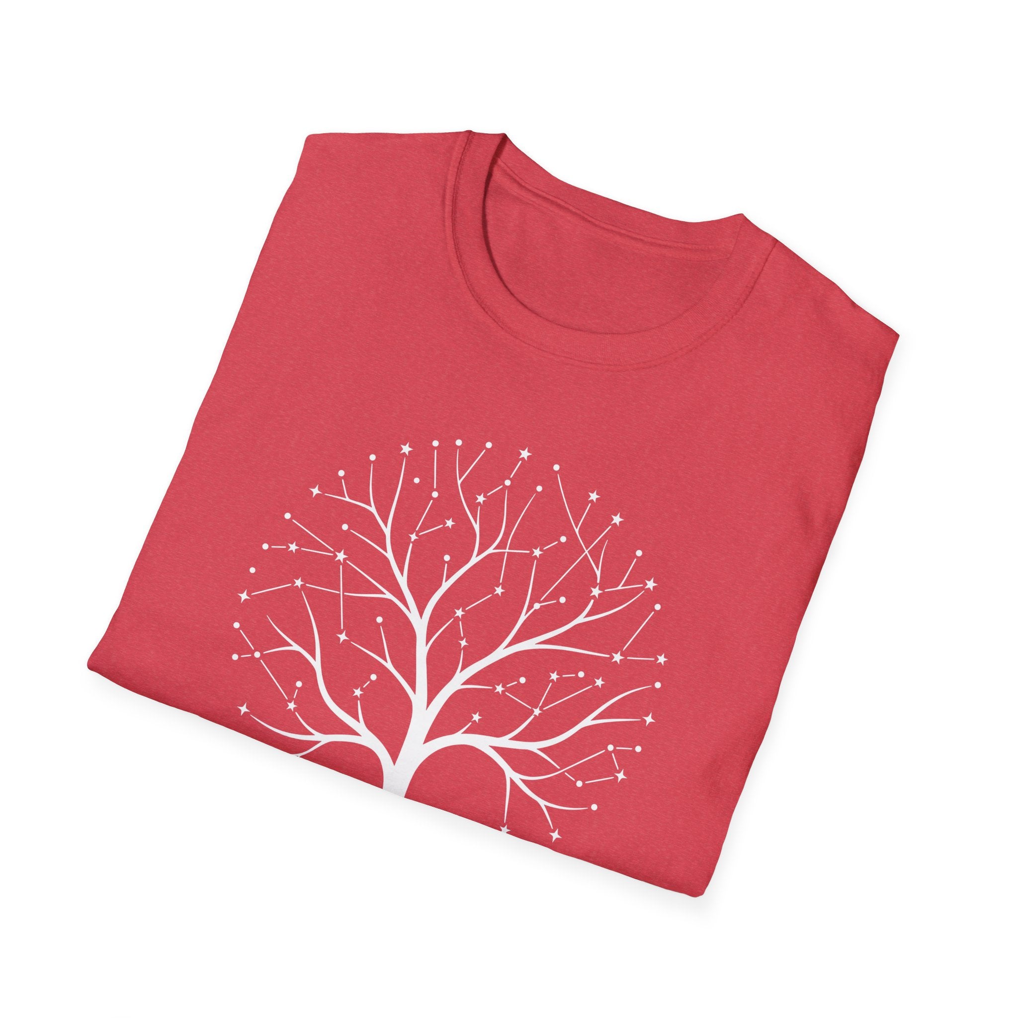 Red crew-neck T-shirt with large white tree-roots star graphic on the front.