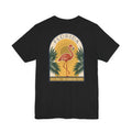 Black flamingo art deco T-shirt with Florida badge and palm graphic