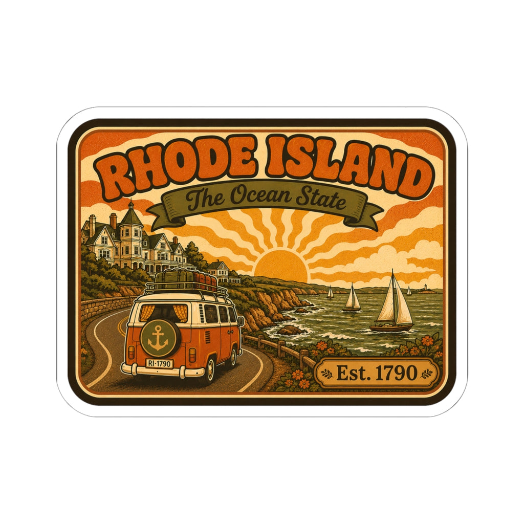 Rhode Island sticker with sailboats, orange sunset sky, camper van, Est. 1790