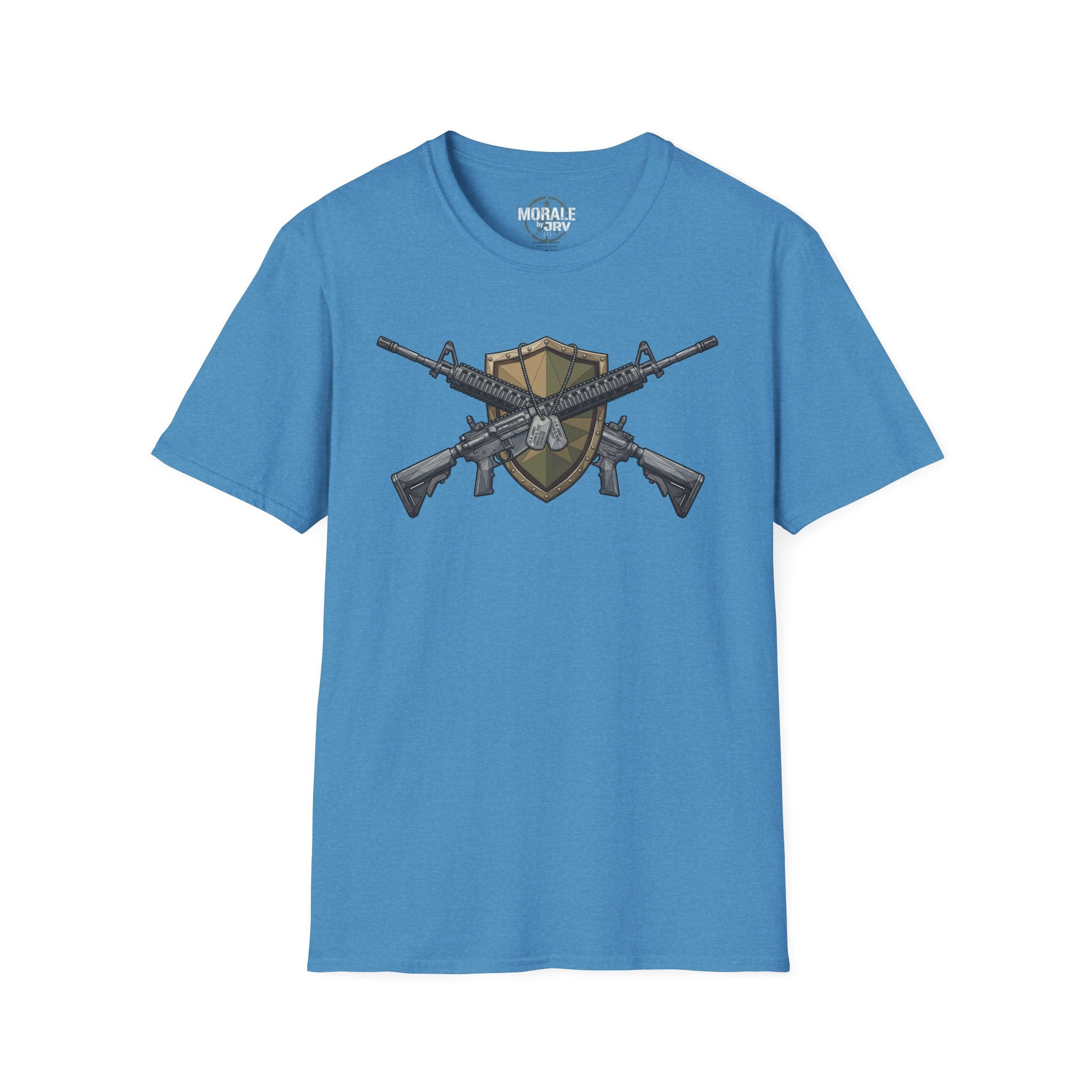 Light blue crew-neck T-shirt with crossed rifles shield emblem graphic