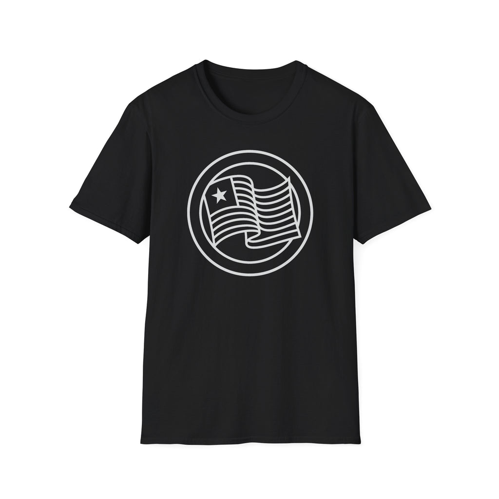 Black t-shirt with round flag graphic printed on the front