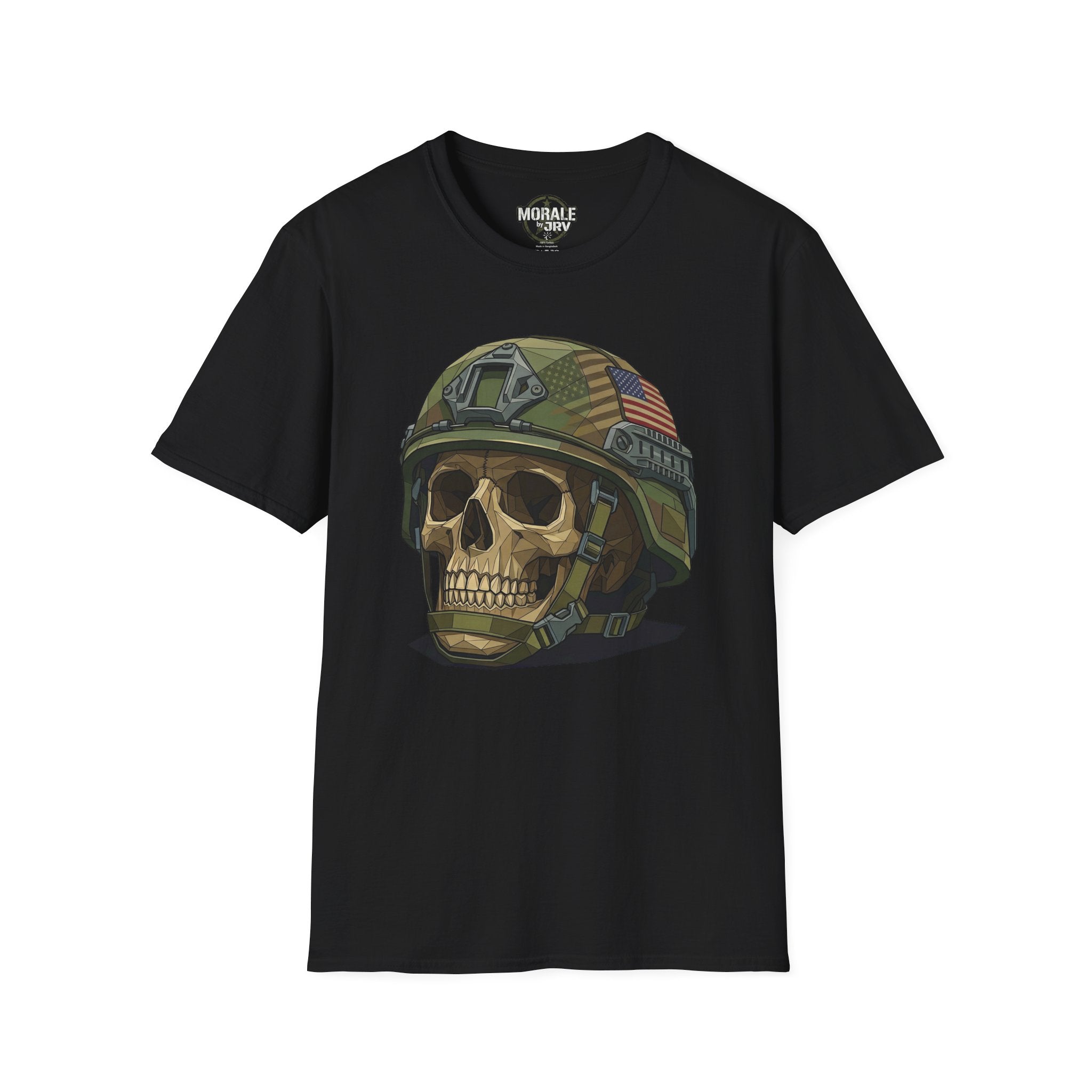 Black T-shirt with camo military helmet skull and American flag patch graphic