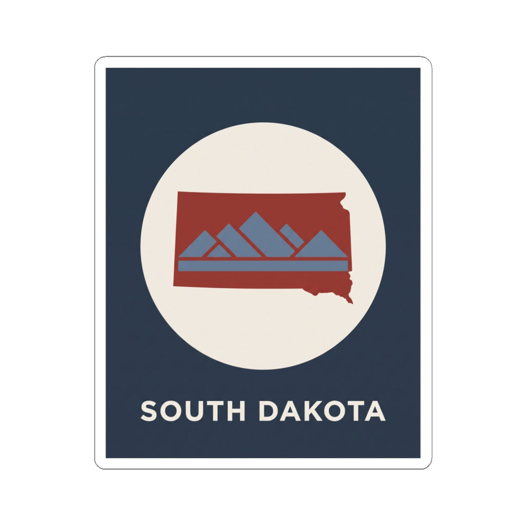 South Dakota map badge sticker showing red state shape with blue mountains over a white circle
