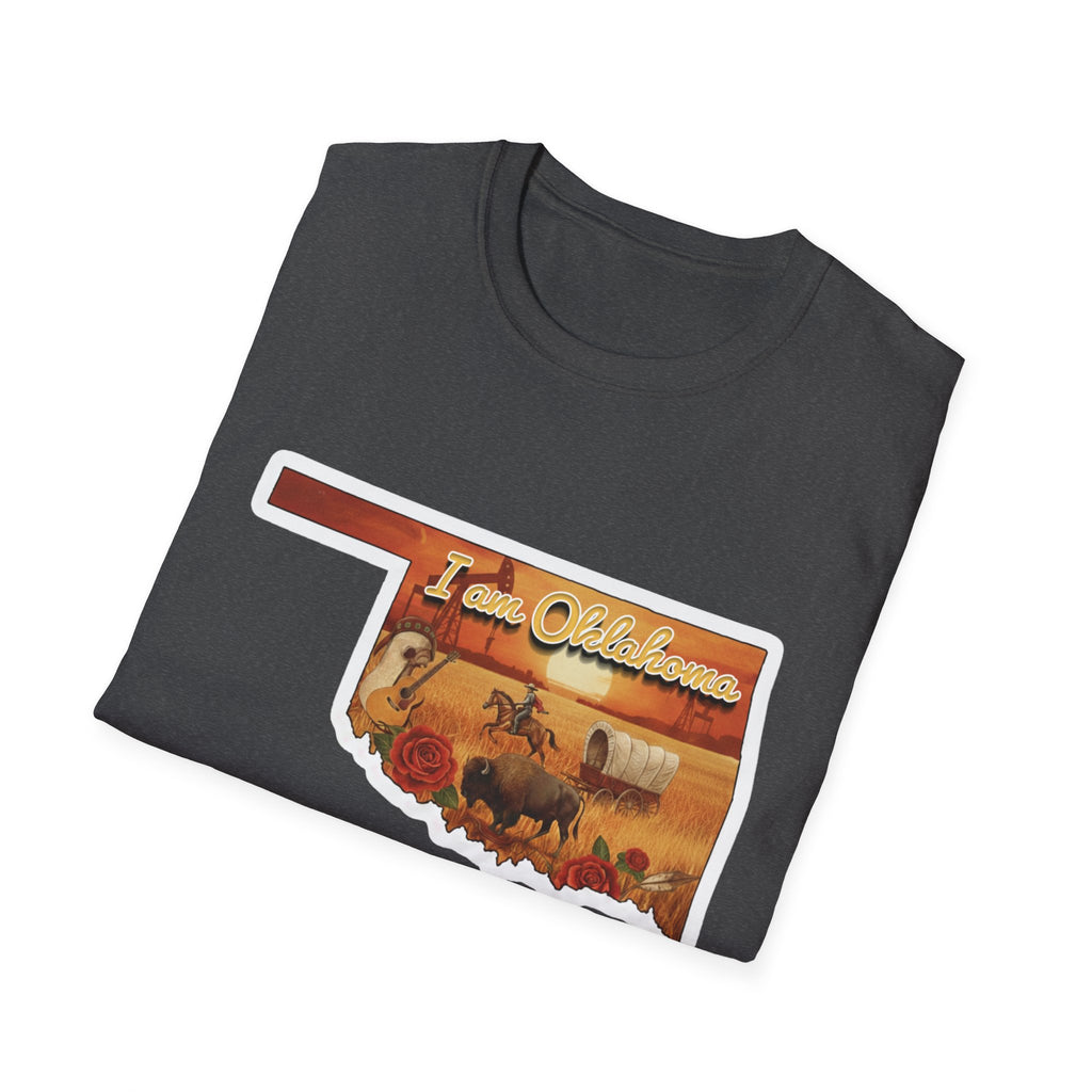Oklahoma State T-shirt in dark gray with 'I am Oklahoma' cowboy graphic