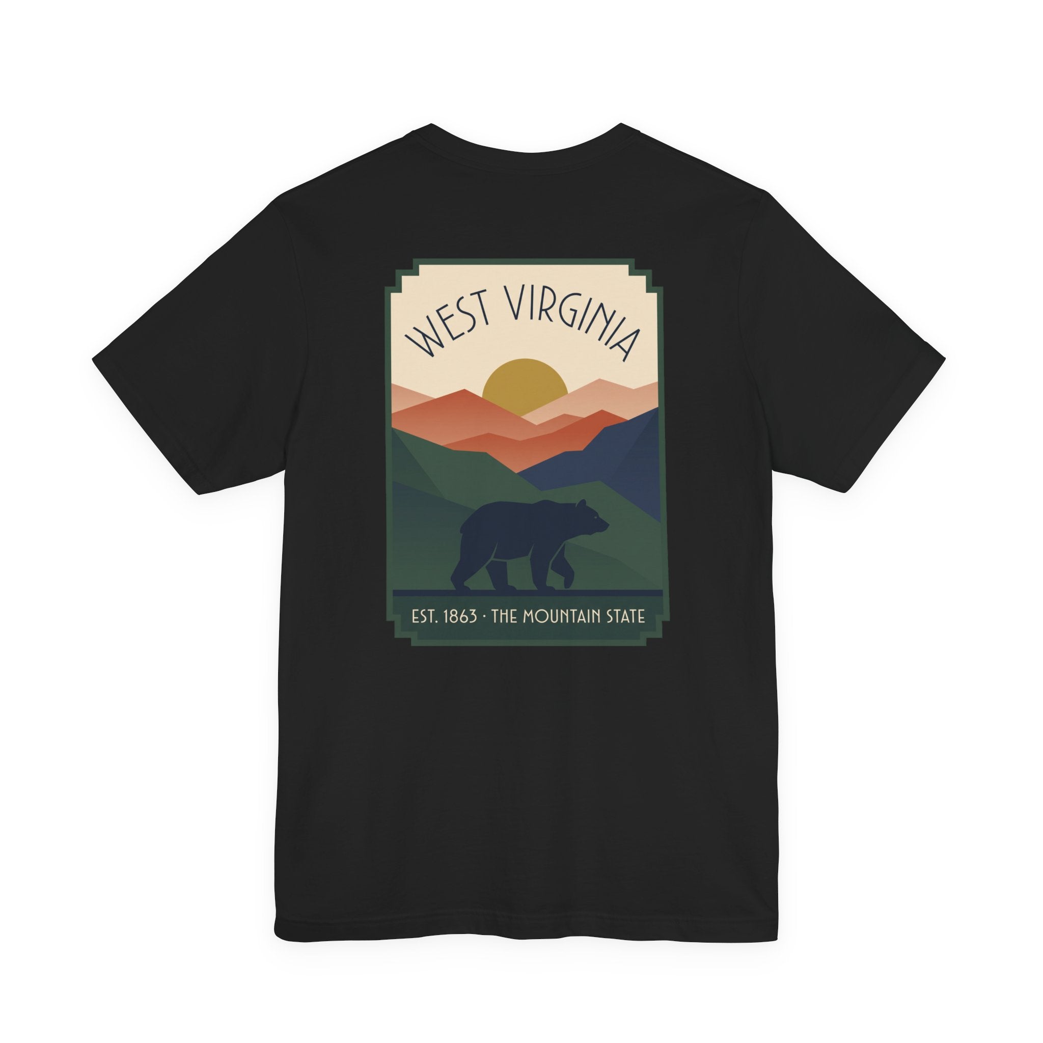 Black T-shirt with West Virginia bear and mountain graphic on the front.