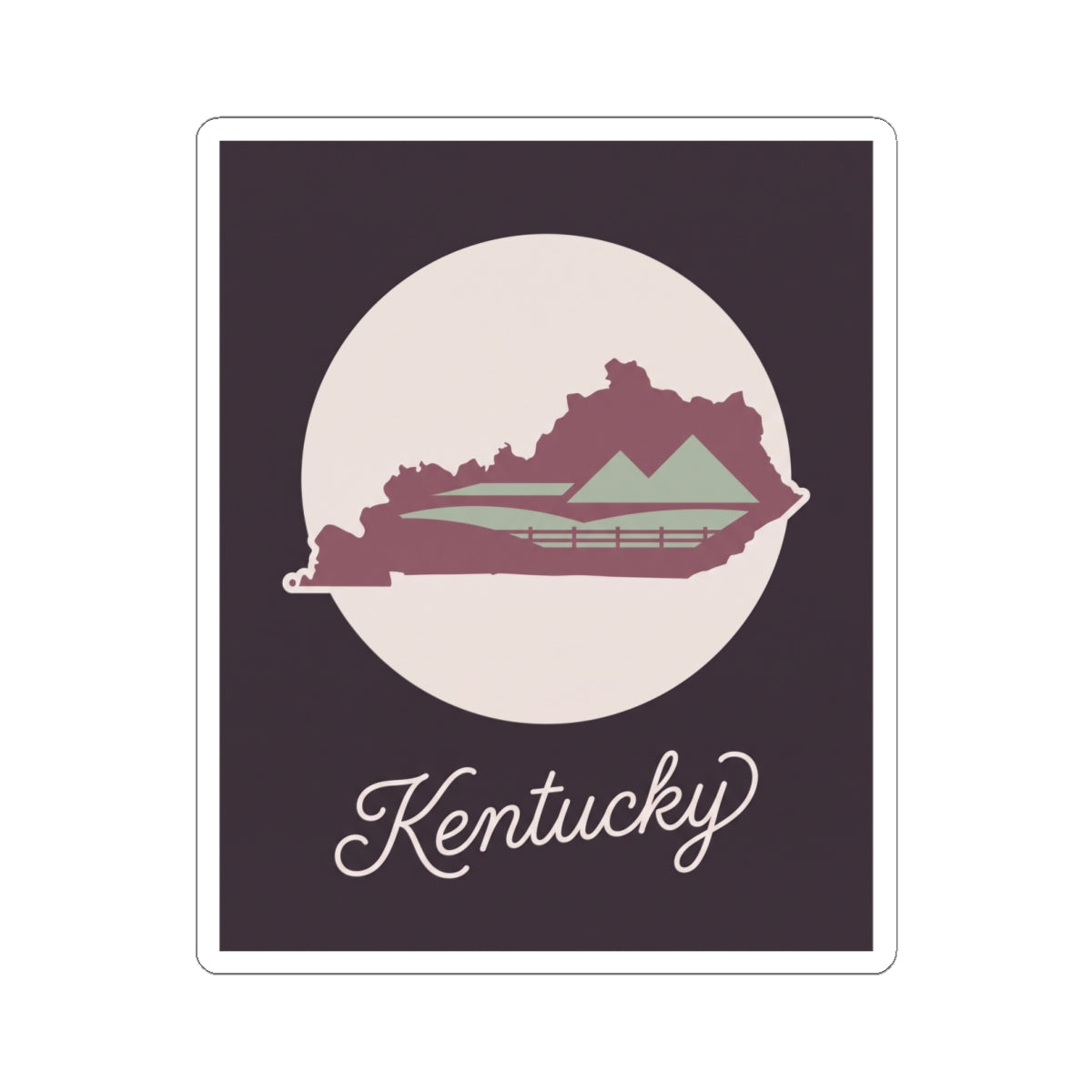 Kentucky silhouette vinyl decal featuring a mauve state map, bridge lines, and cursive Kentucky lettering
