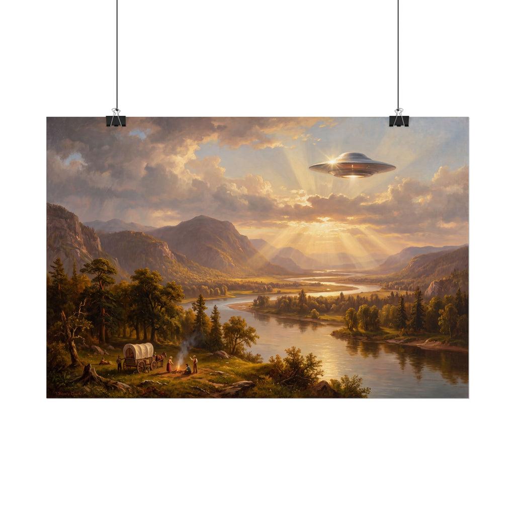 Landscape sunset poster with glowing UFO over river valley, mountains, and trees