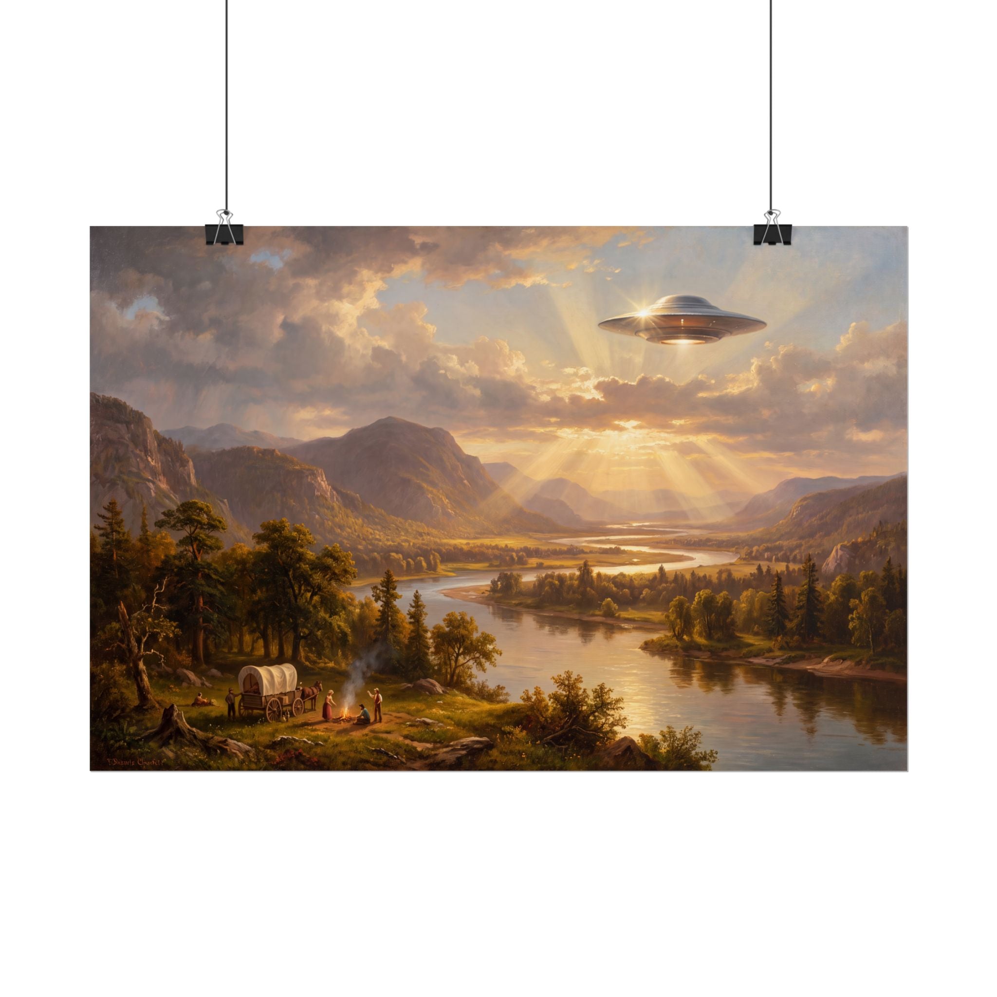 Landscape sunset poster with glowing UFO over river valley, mountains, and trees
