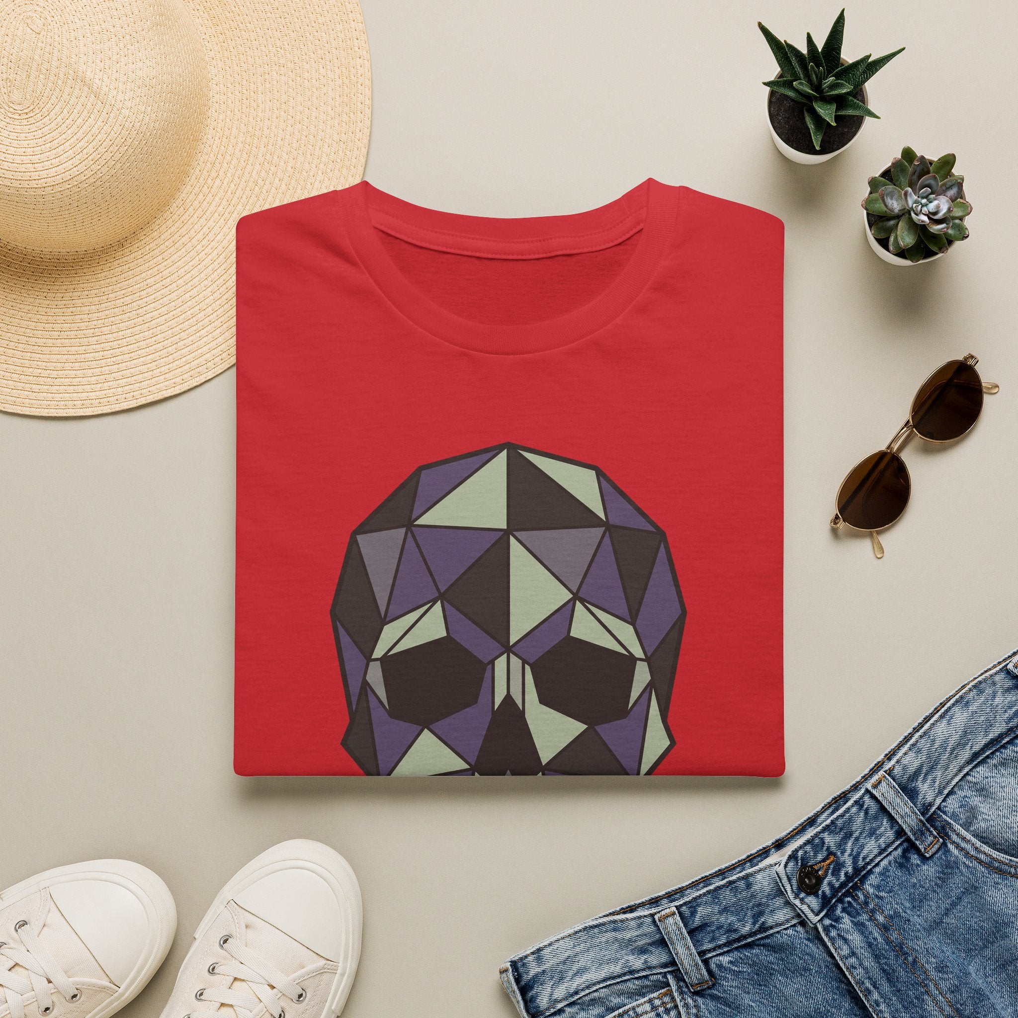 Red T-shirt with geometric low-poly skull graphic on the front