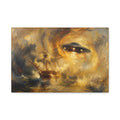 Glowing UFO eye over stormy sailboat on golden-gray canvas, horizontal wall art