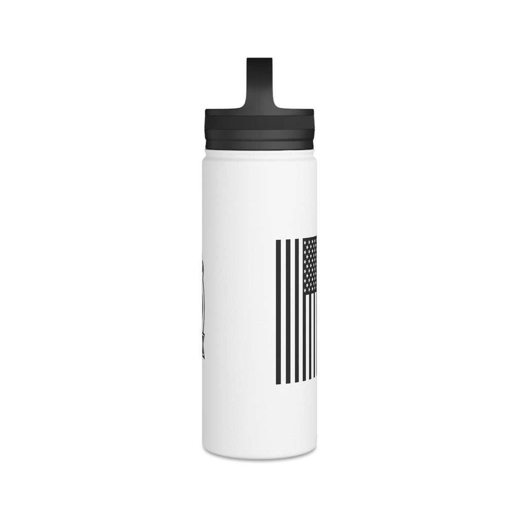 White stainless steel water bottle with black lid and American flag stripe graphic