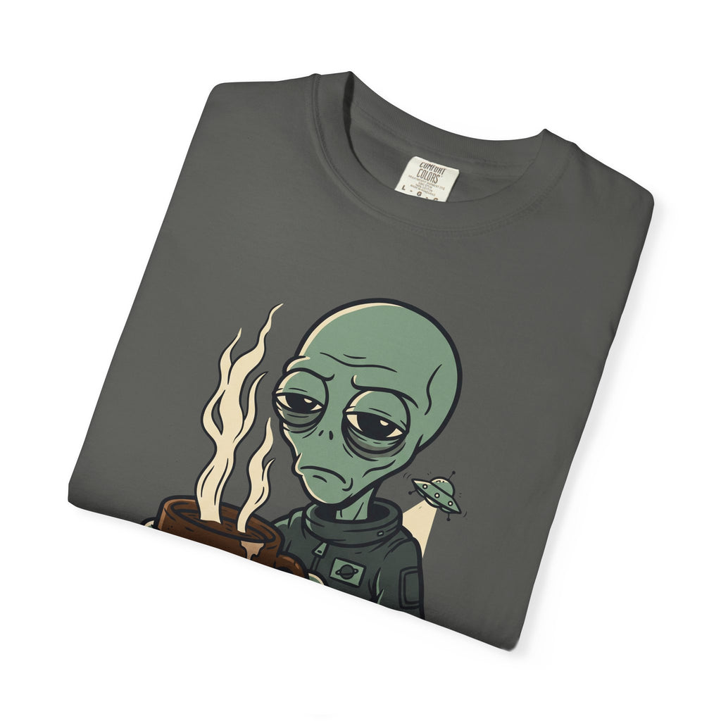 Dark gray alien coffee graphic t-shirt with alien face and coffee cup
