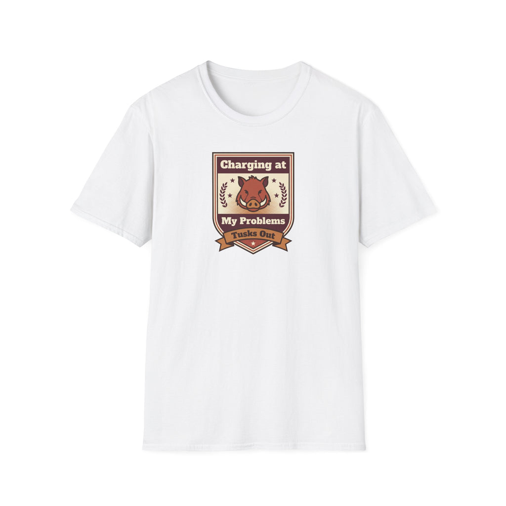 Funny Boar T-Shirt | Charging at My Problems Tusks Out Crest Graphic Tee | Wild Boar Lover Gift