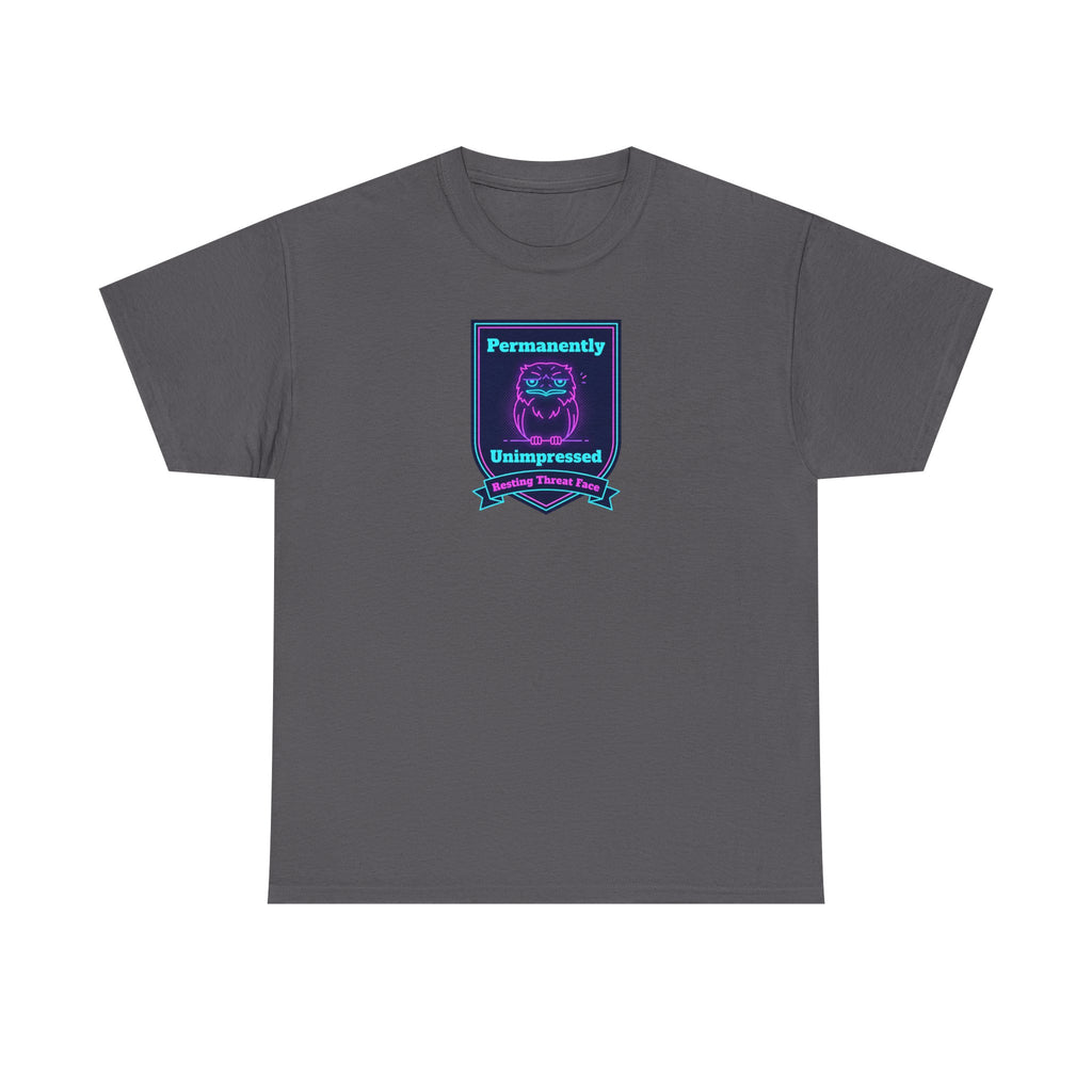 Permanently Unimpressed Badge Tee | Retro Neon Robot Design