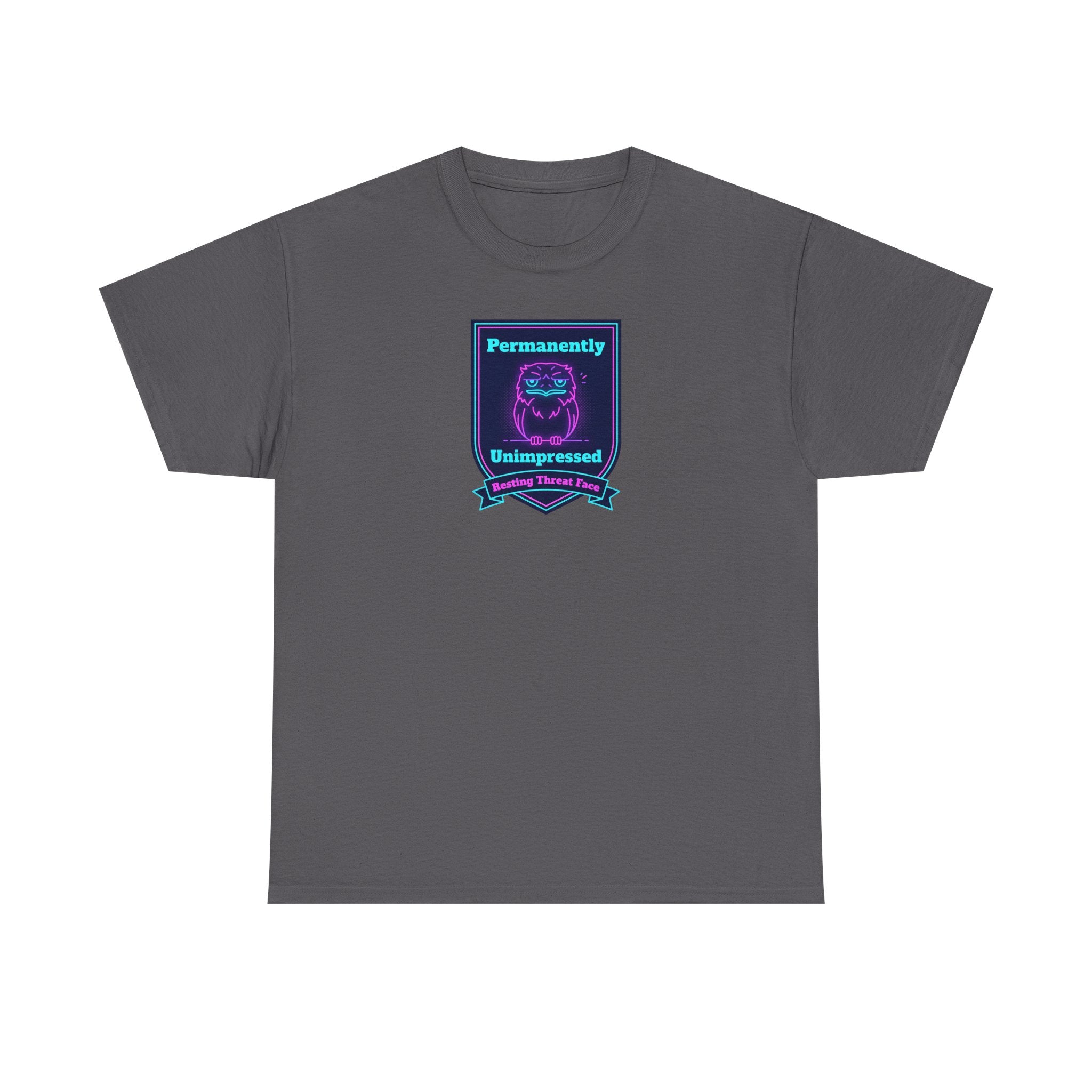 Permanently Unimpressed Badge Tee | Retro Neon Robot Design