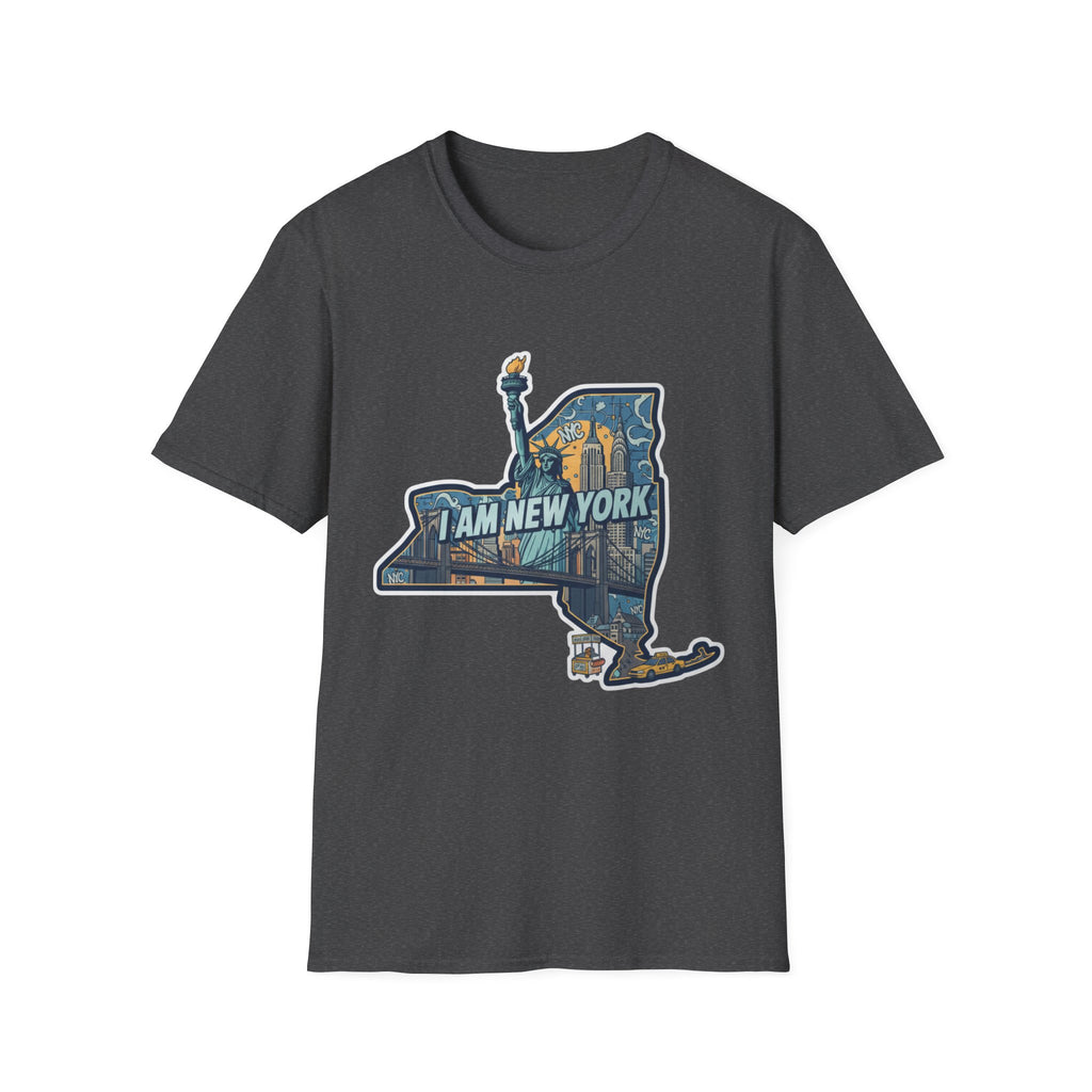 Dark heather I Am New York T-shirt with NYC skyline graphic