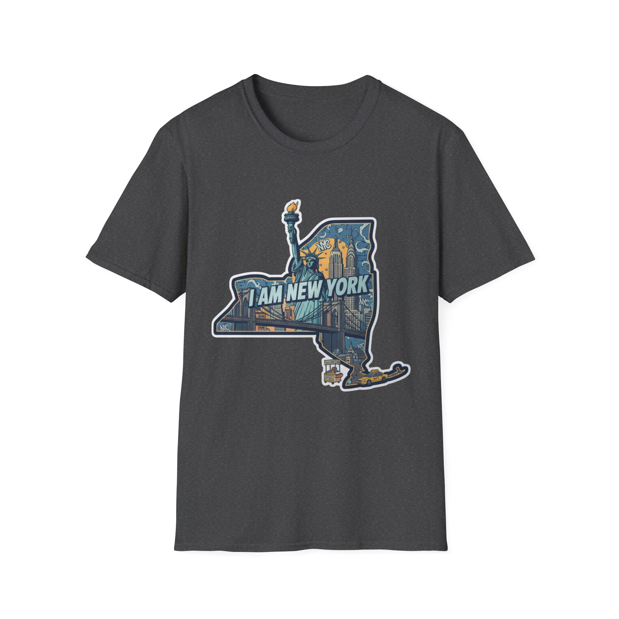 Dark heather I Am New York T-shirt with NYC skyline graphic