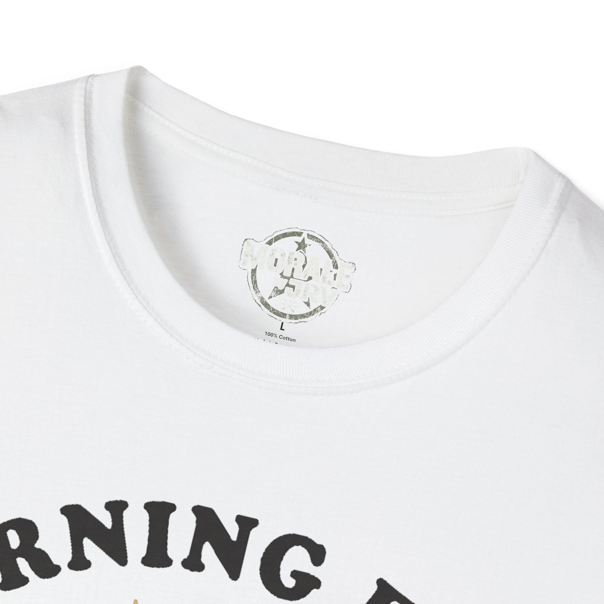 White crew-neck T-shirt close-up of small logo patch inside collar