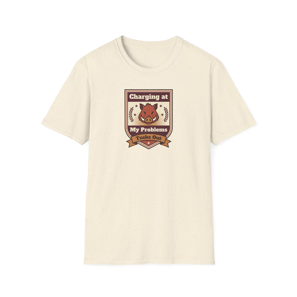 Funny Boar T-Shirt | Charging at My Problems Tusks Out Crest Graphic Tee | Wild Boar Lover Gift