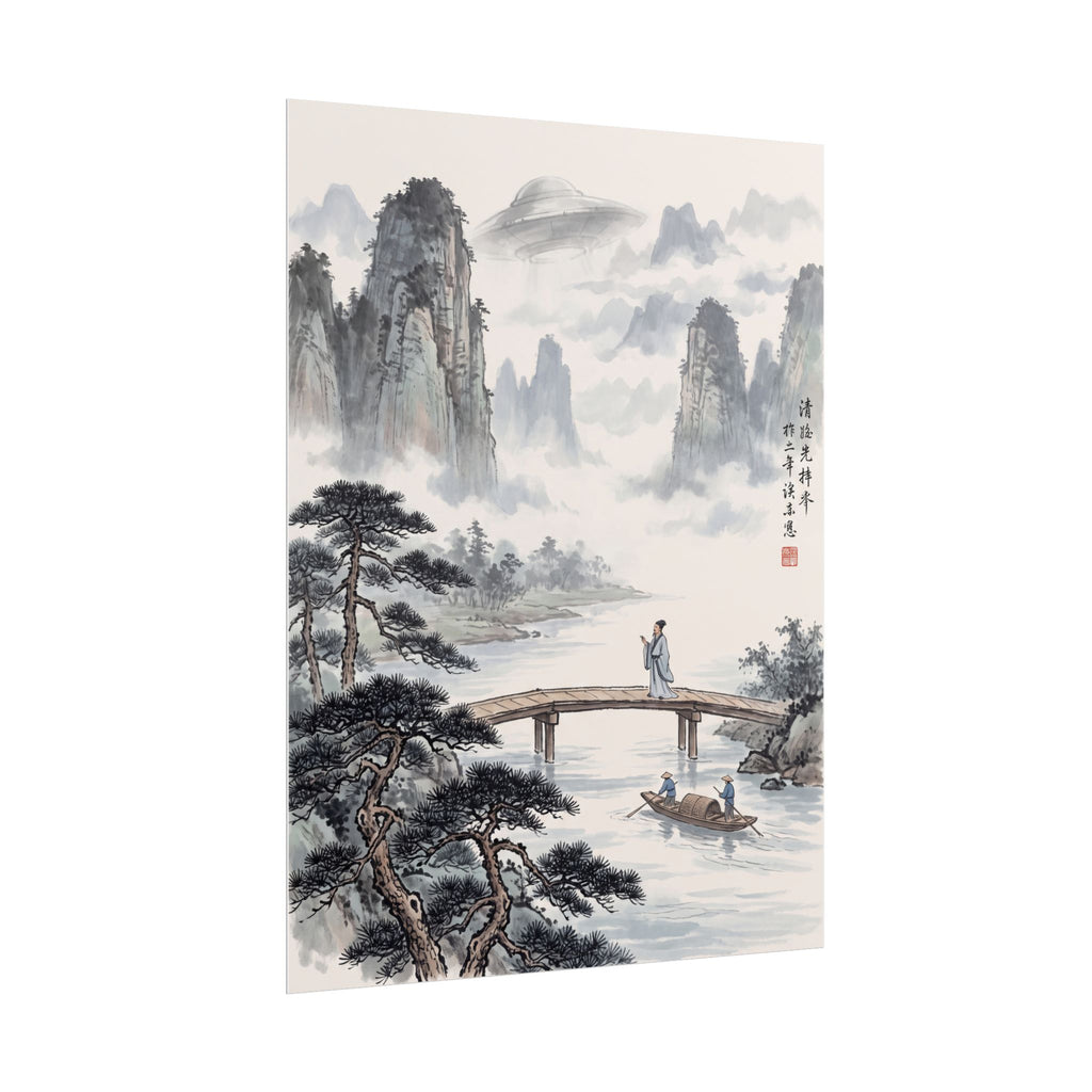 Vertical Chinese landscape rolled poster with mountains, pine trees, river bridge, and red seal