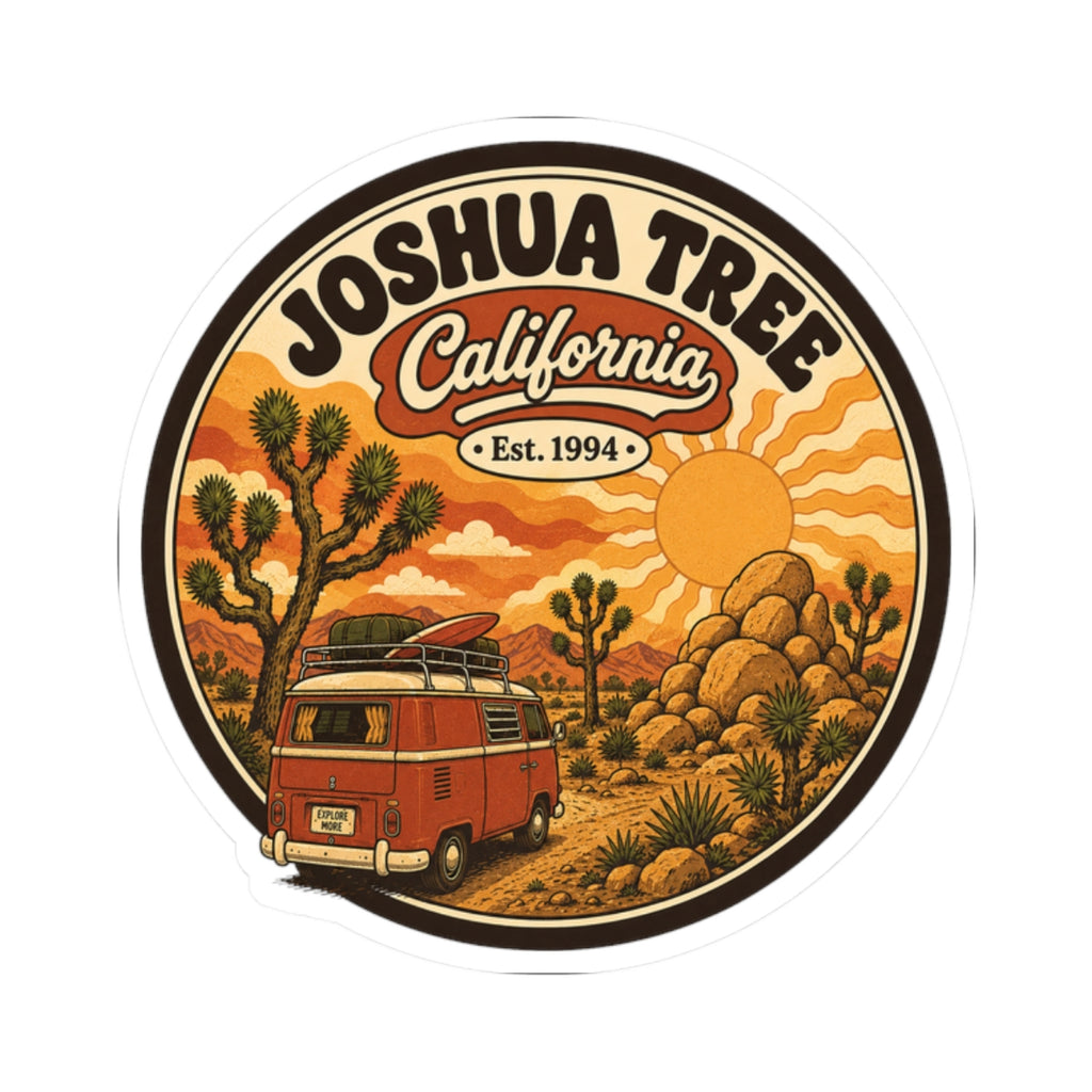 Round sticker with Joshua Tree California Est. 1994, desert sky, rocks, and red van