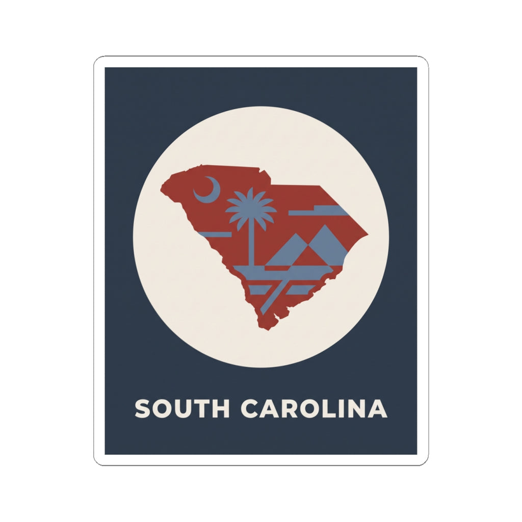 South Carolina map sticker with palm tree graphic in white circle and “SOUTH CAROLINA”