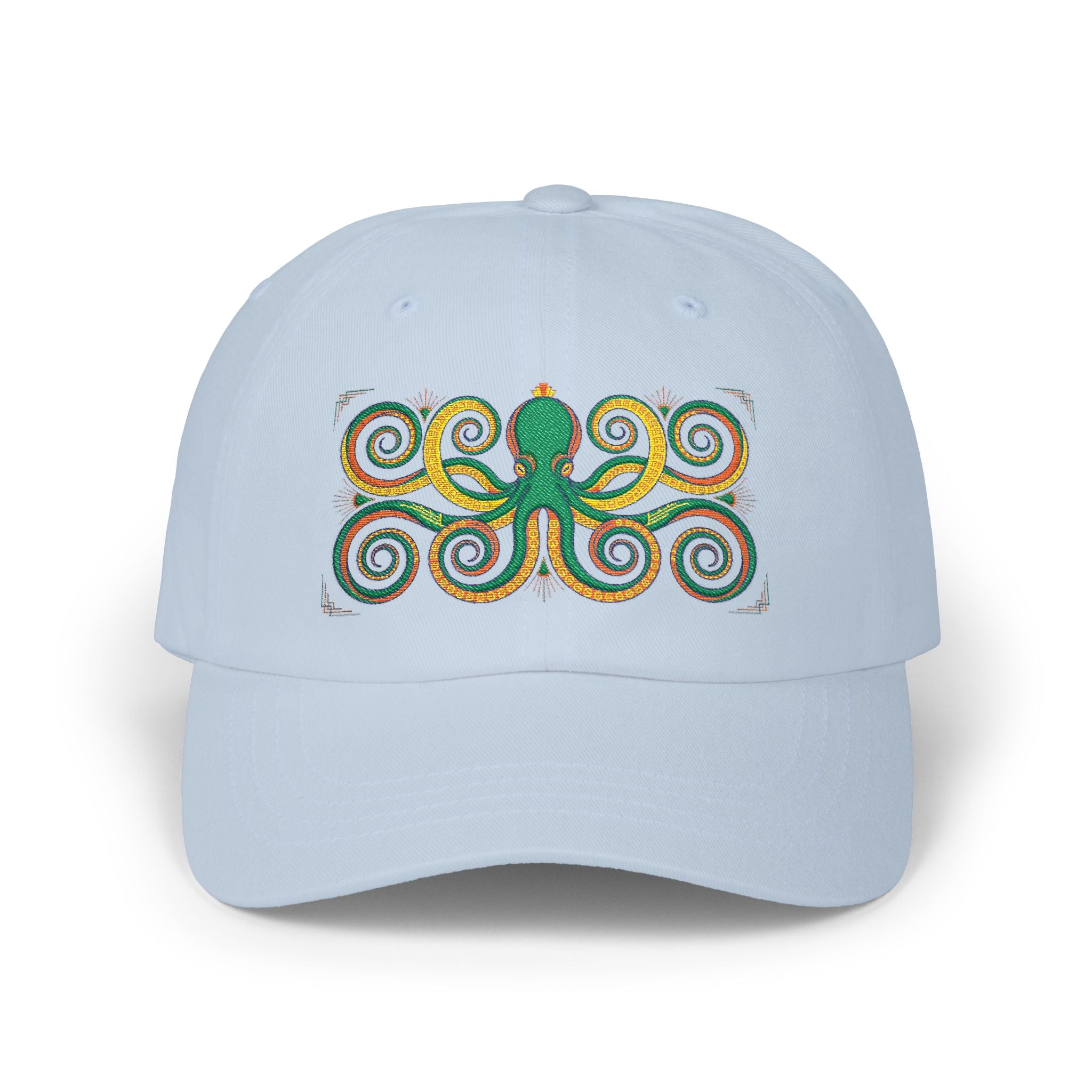 Octopus Swirl Dad Cap — Nautical Green & Gold Embroidered Baseball Hat