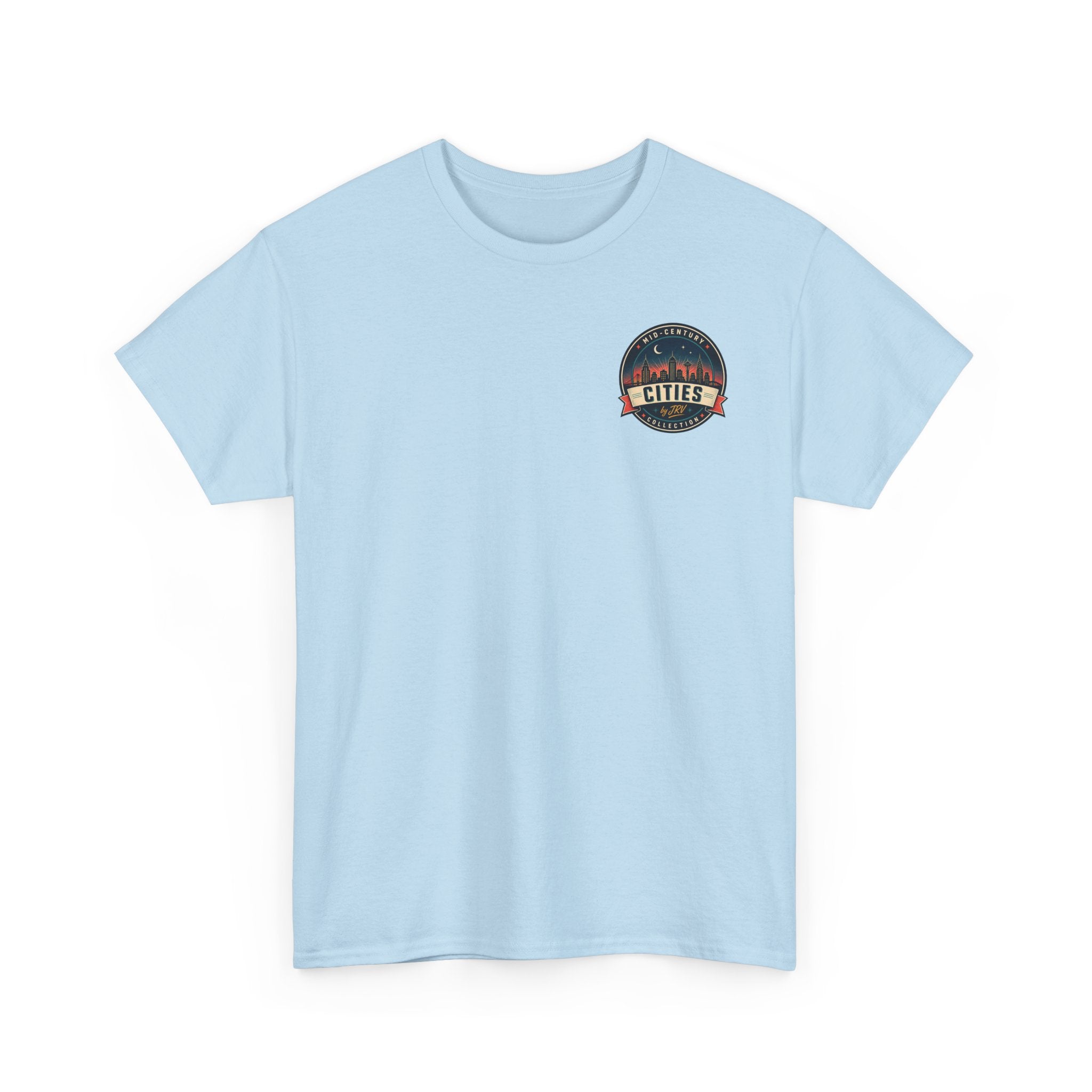 Light blue crewneck T-shirt with small round Cities badge graphic on left chest