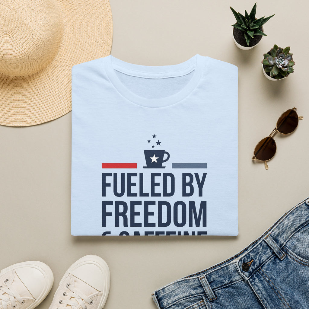 Fueled by Freedom & Caffeine T-Shirt | Patriotic Coffee Lover Tee | 4th of July Gift | Unisex Graphic Tee | American Pride