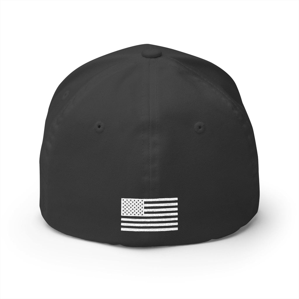 Embroidered baseball cap, black with white American flag patch on back