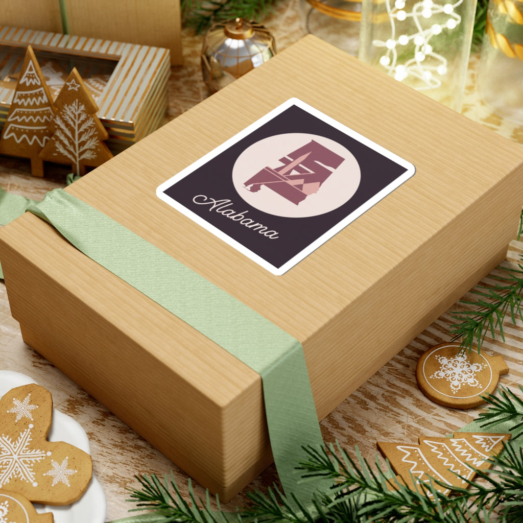 Mauve Alabama silhouette decal featuring 'Alabama' cursive on dark rectangle with cream circle