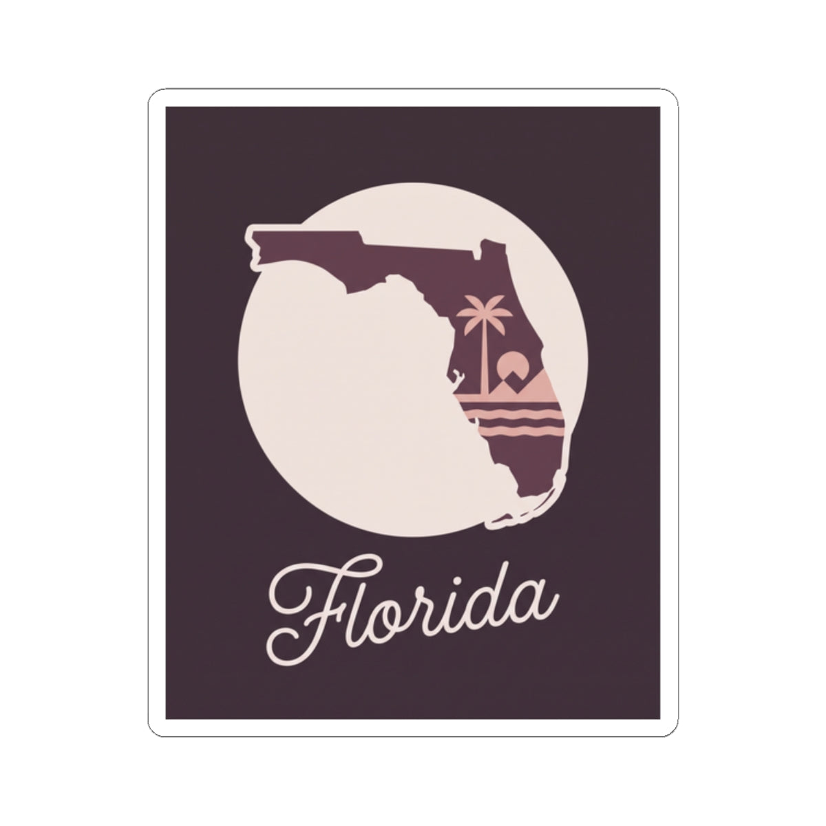 Florida silhouette vinyl decal sticker, mauve background, white circular shape and 'Florida' script