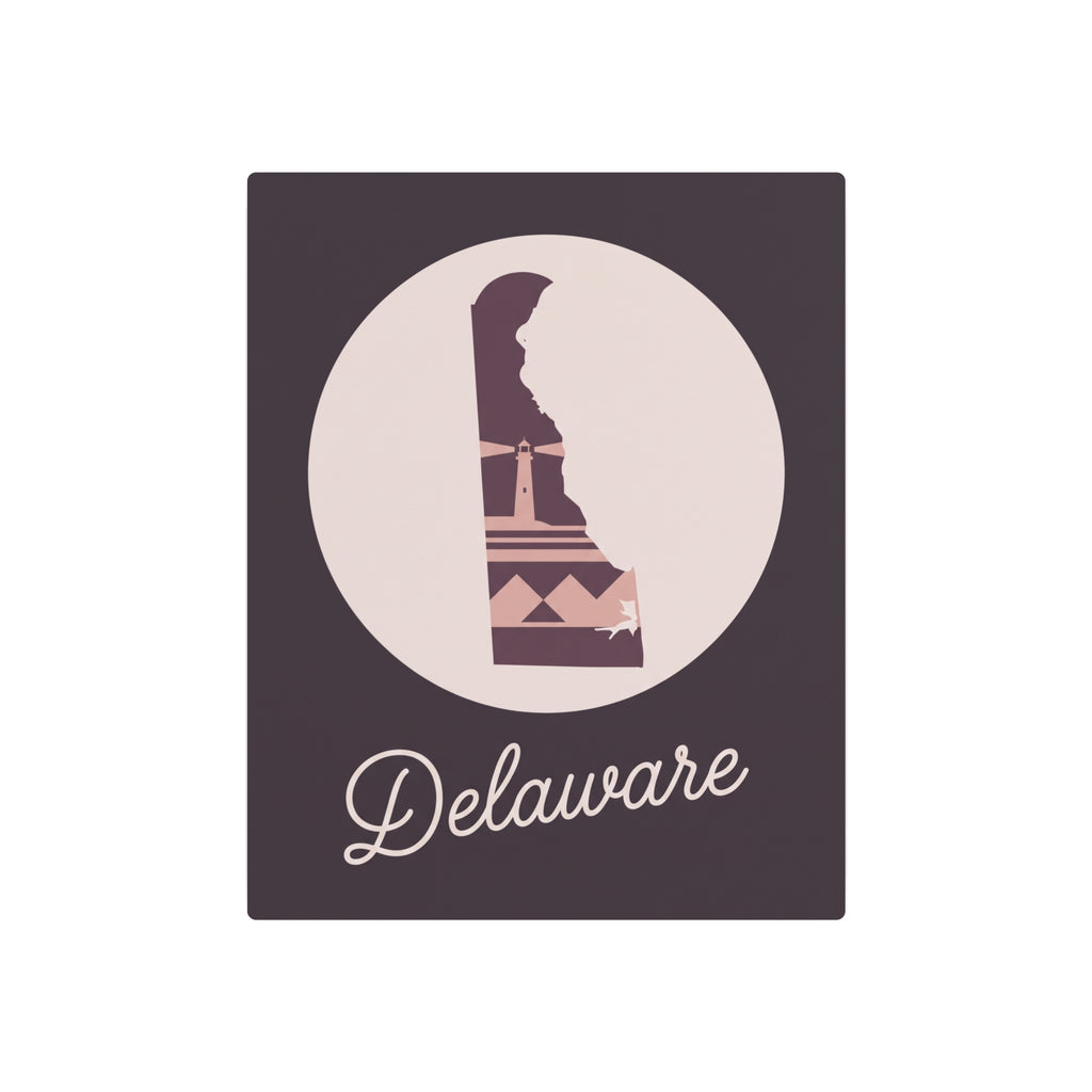 Square mauve metal wall art with circular Delaware landmark icon and script Delaware